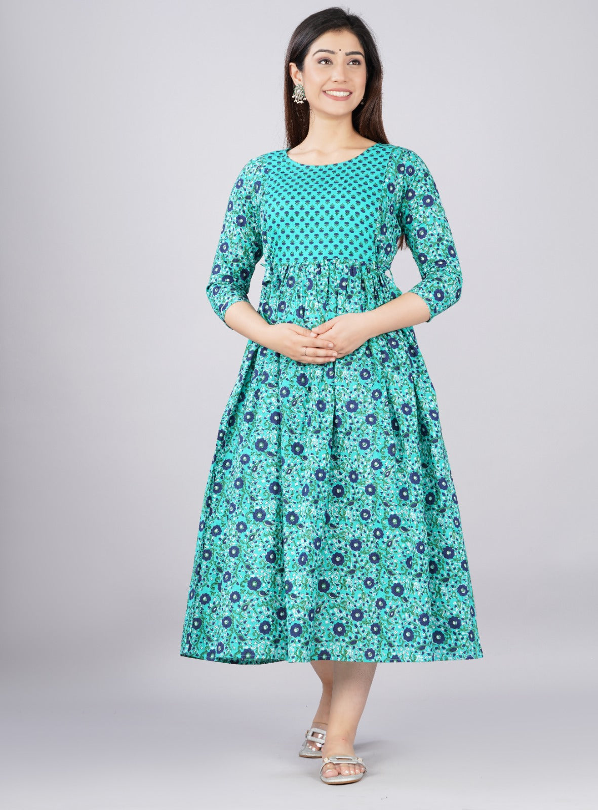 Hima Premium Cotton Anarkali Feeding & Maternity Kurti β 48 Inch Length, 2 Side Zips All-Day Comfort for Moms (Light Blue)