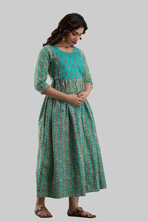 Hima Premium Cotton Anarkali Feeding & Maternity Kurti – 48 Inch Length, 2 Side Zips All-Day Comfort for Moms (Green)