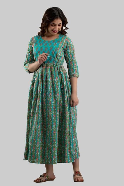 Hima Premium Cotton Anarkali Feeding & Maternity Kurti – 48 Inch Length, 2 Side Zips All-Day Comfort for Moms (Green)
