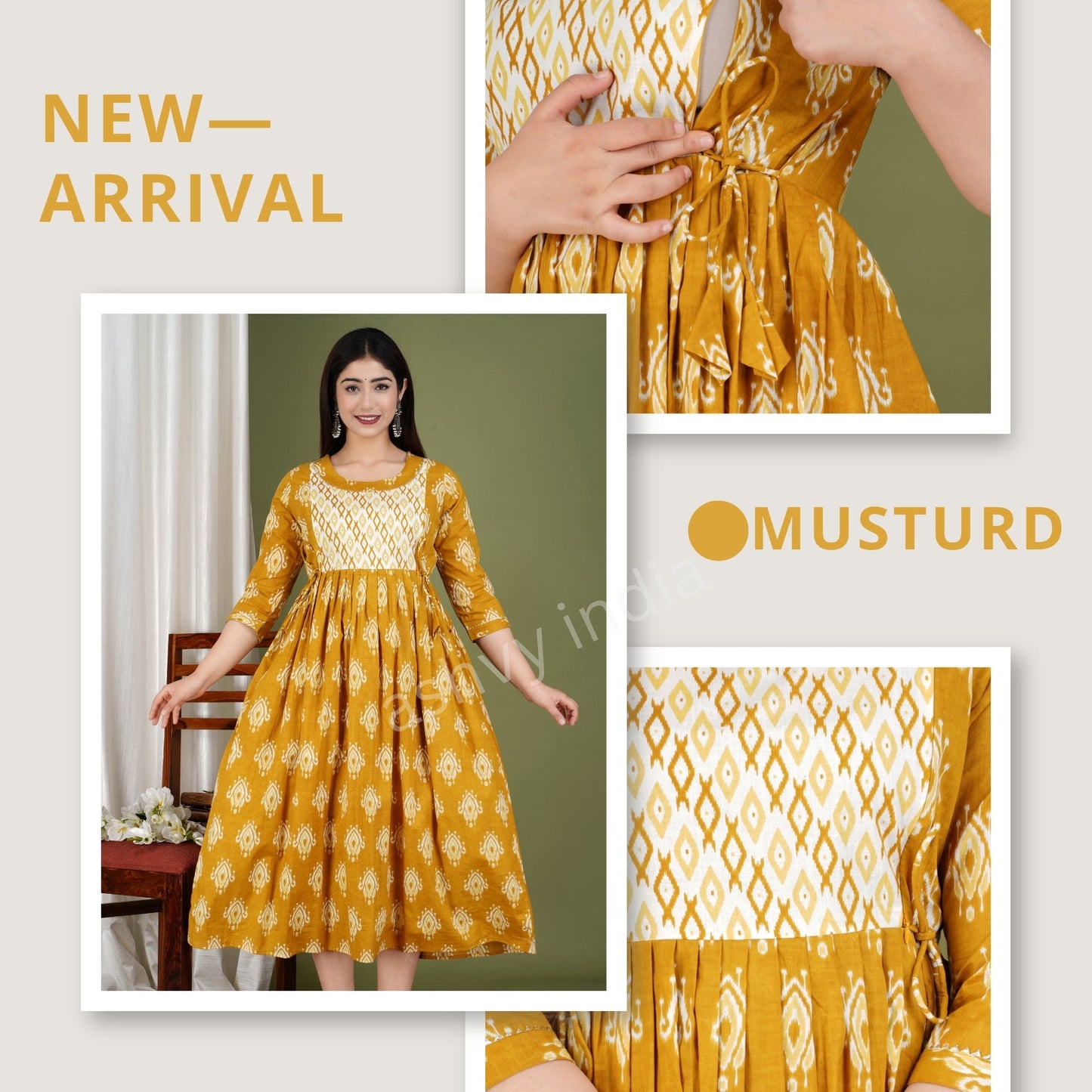 Hima Premium Cotton Anarkali Feeding & Maternity Kurti – 48 Inch Length, 2 Side Zips All-Day Comfort for Moms (Yellow)