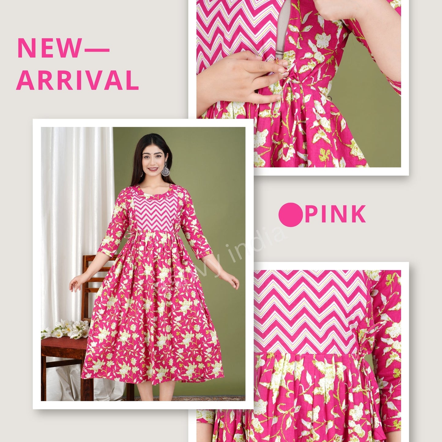 Hima Premium Cotton Anarkali Feeding & Maternity Kurti – 48 Inch Length, 2 Side Zips All-Day Comfort for Moms (Pink)