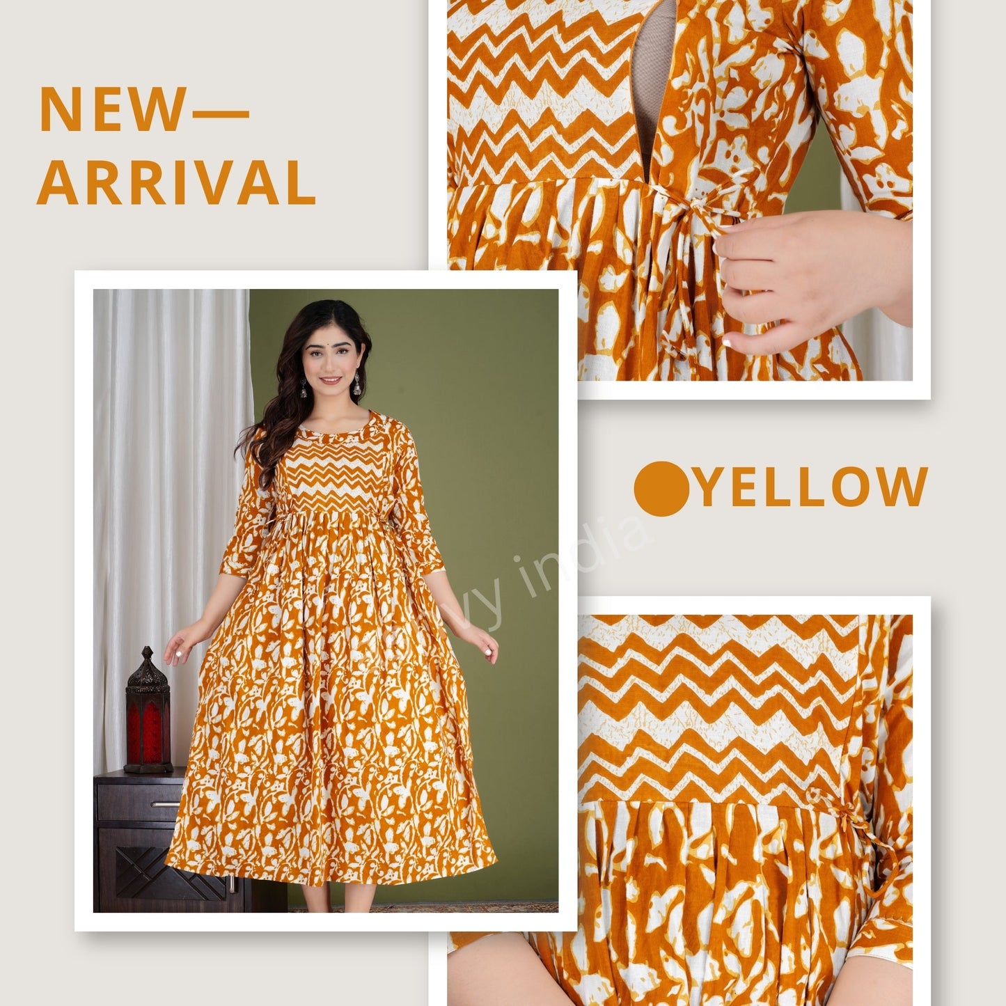Hima Premium Cotton Anarkali Feeding & Maternity Kurti – 48 Inch Length, 2 Side Zips All-Day Comfort for Moms (Yellow)