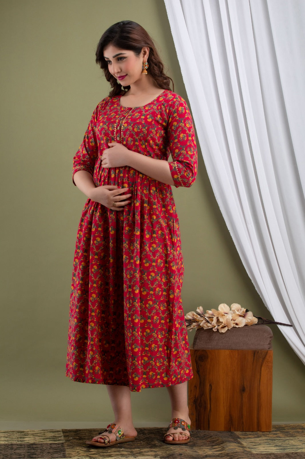 Hima Premium Cotton Anarkali Feeding & Maternity Kurti β 48 Inch Length, 2 Side Zips All-Day Comfort for Moms (Red)