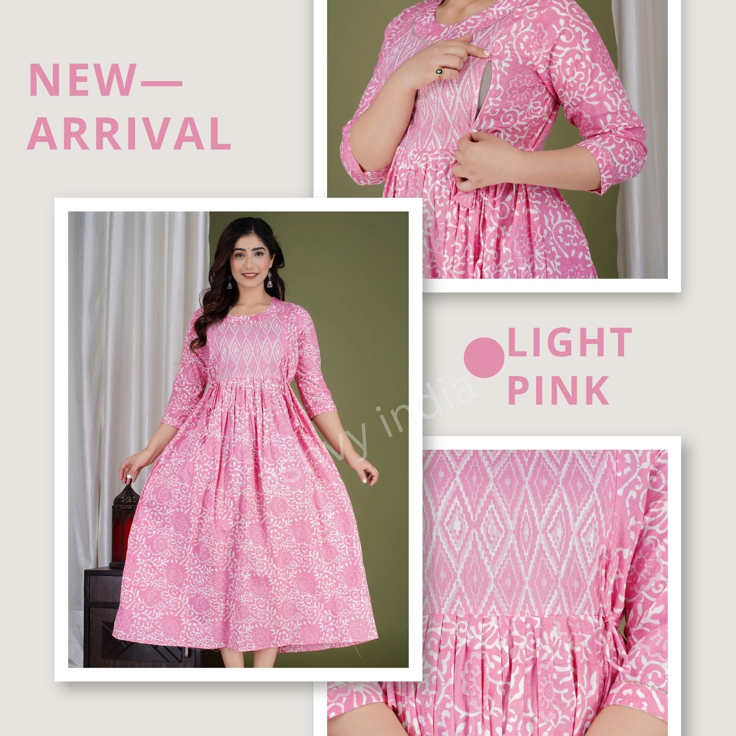 Hima Premium Cotton Anarkali Feeding & Maternity Kurti – 48 Inch Length, 2 Side Zips All-Day Comfort for Moms Pink