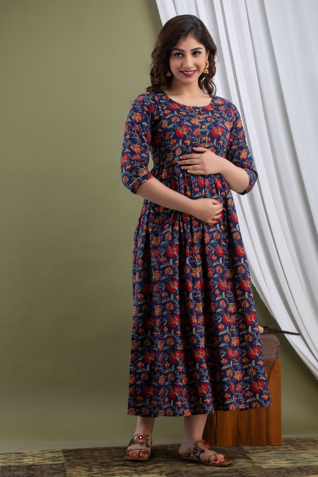 Hima Premium Cotton Anarkali Feeding & Maternity Kurti – 48 Inch Length, 2 Side Zips All-Day Comfort for Moms (Blue)