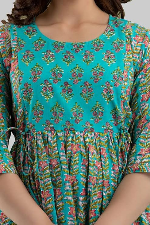 Hima Premium Cotton Anarkali Feeding & Maternity Kurti – 48 Inch Length, 2 Side Zips All-Day Comfort for Moms (Green)