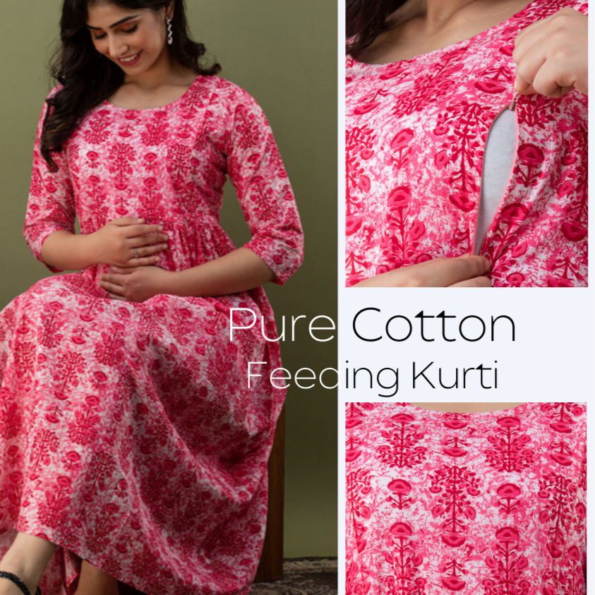 Hima Premium Cotton Anarkali Feeding & Maternity Kurti – 48 Inch Length, 2 Side Zips All-Day Comfort for Moms (Pink)