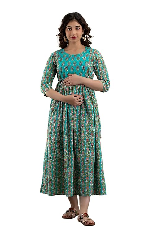 Hima Premium Cotton Anarkali Feeding & Maternity Kurti – 48 Inch Length, 2 Side Zips All-Day Comfort for Moms (Green)
