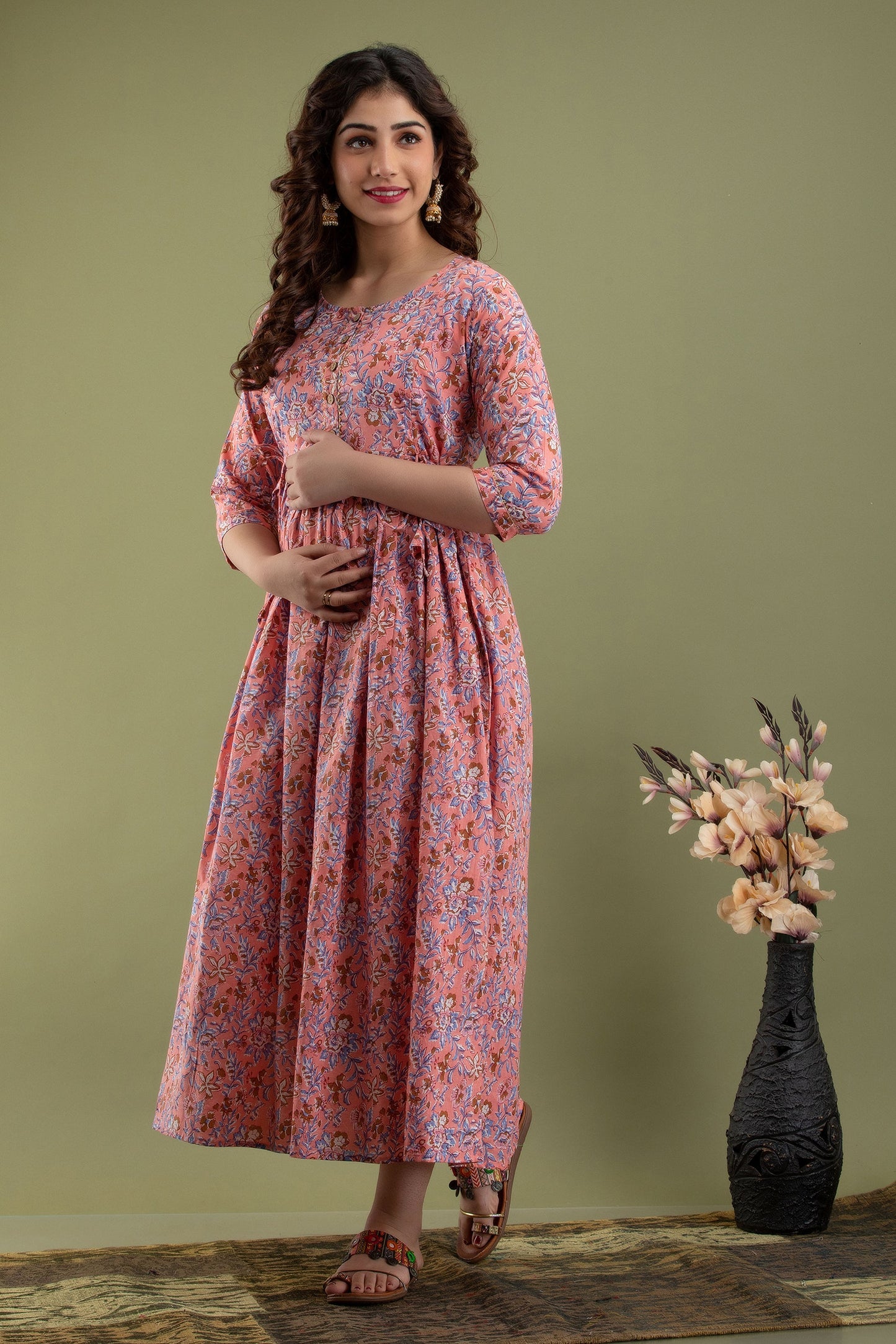 Hima Premium Cotton Anarkali Feeding & Maternity Kurti β 48 Inch Length, 2 Side Zips All-Day Comfort for Moms (Pink)