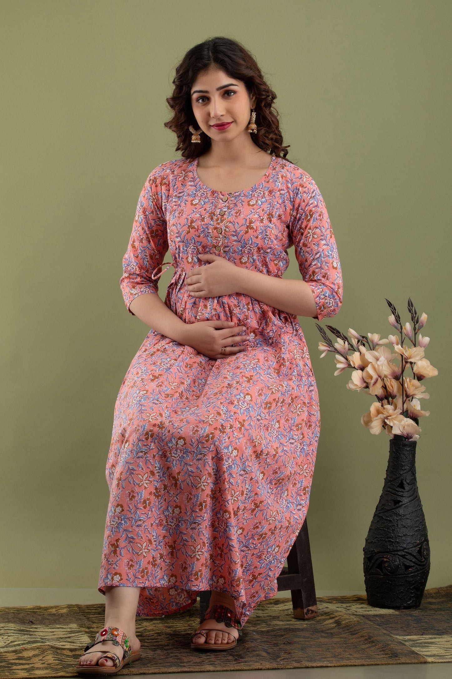 Hima Premium Cotton Anarkali Feeding & Maternity Kurti β 48 Inch Length, 2 Side Zips All-Day Comfort for Moms (Pink)
