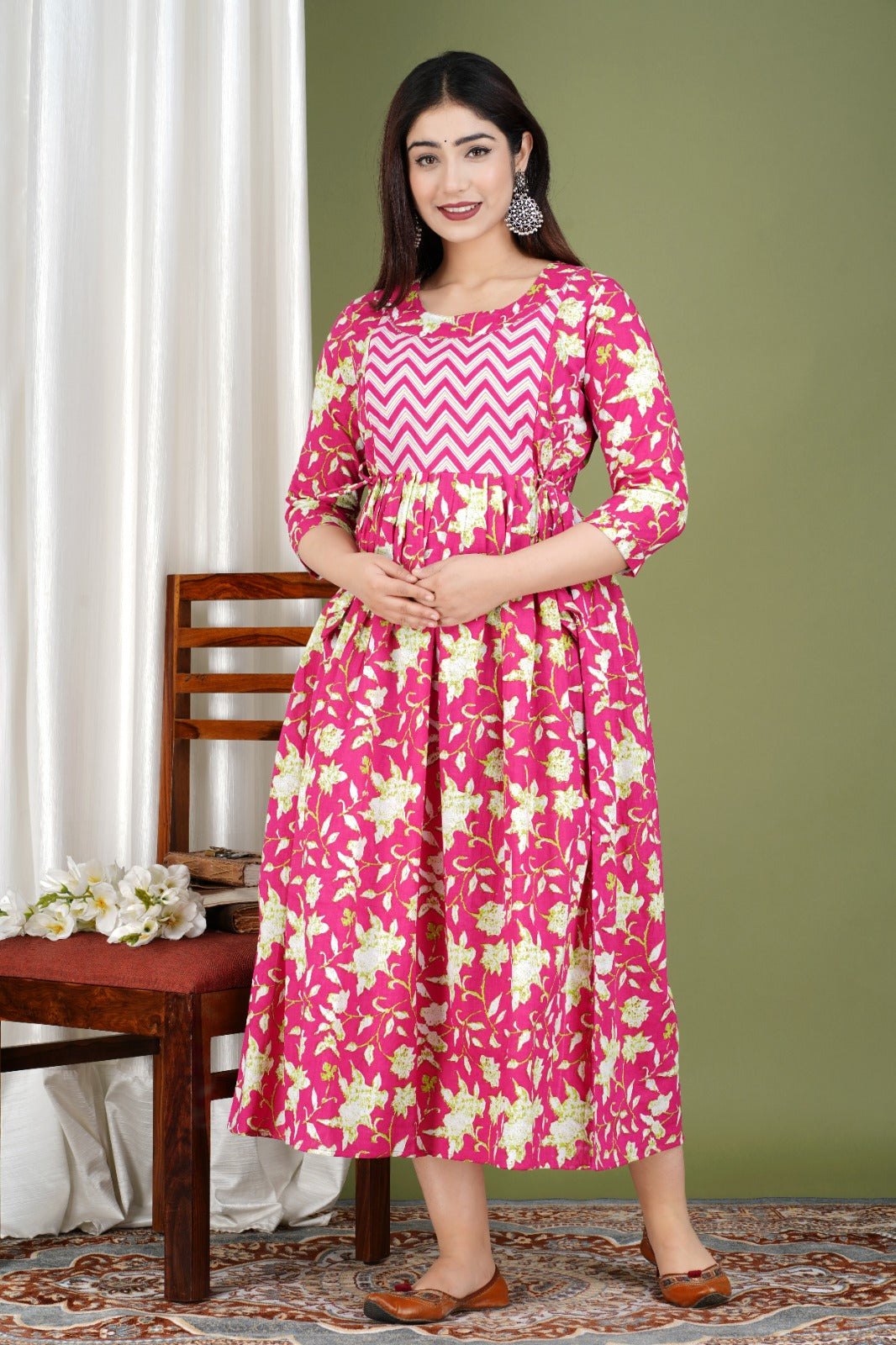 Hima Premium Cotton Anarkali Feeding & Maternity Kurti – 48 Inch Length, 2 Side Zips All-Day Comfort for Moms (Pink)