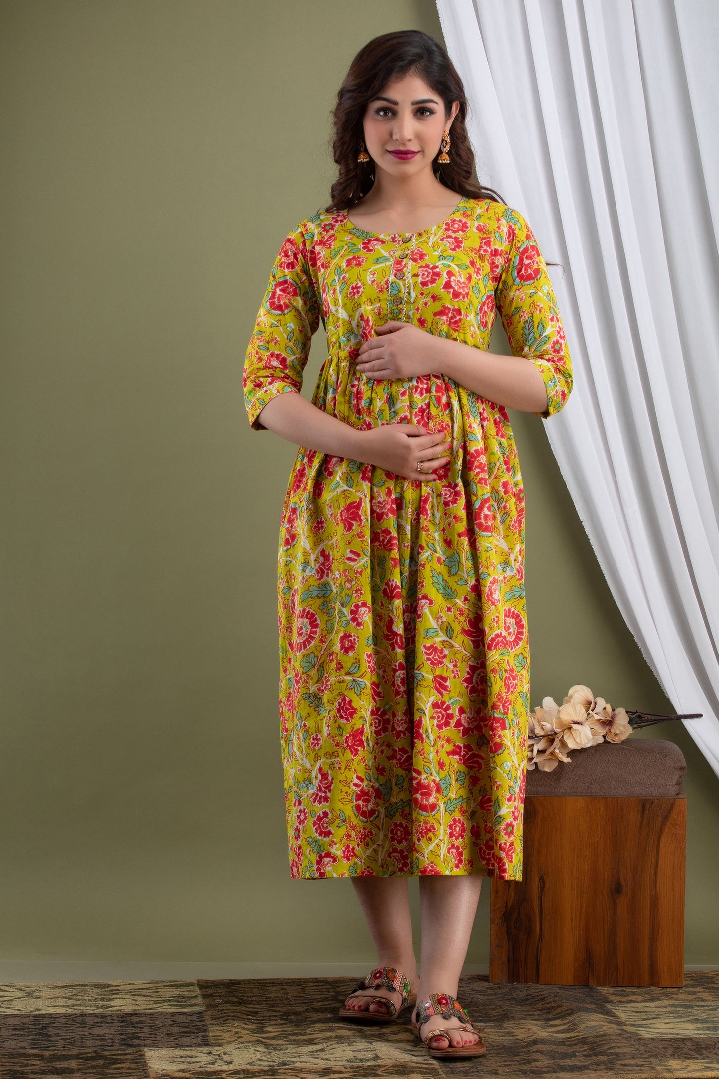 Hima Premium Cotton Anarkali Feeding & Maternity Kurti – 48 Inch Length, 2 Side Zips All-Day Comfort for Moms (Yellow)