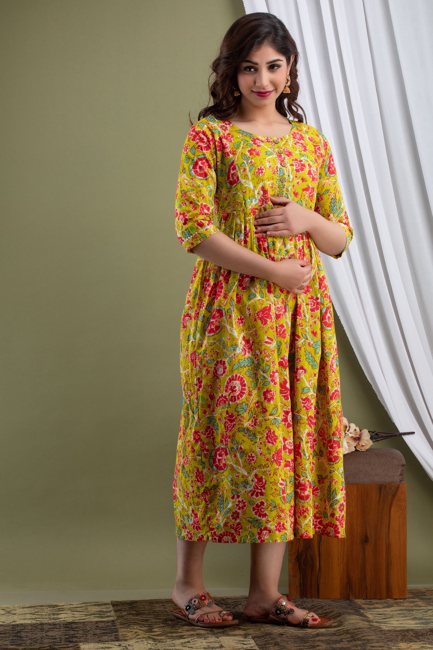 Hima Premium Cotton Anarkali Feeding & Maternity Kurti – 48 Inch Length, 2 Side Zips All-Day Comfort for Moms (Yellow)