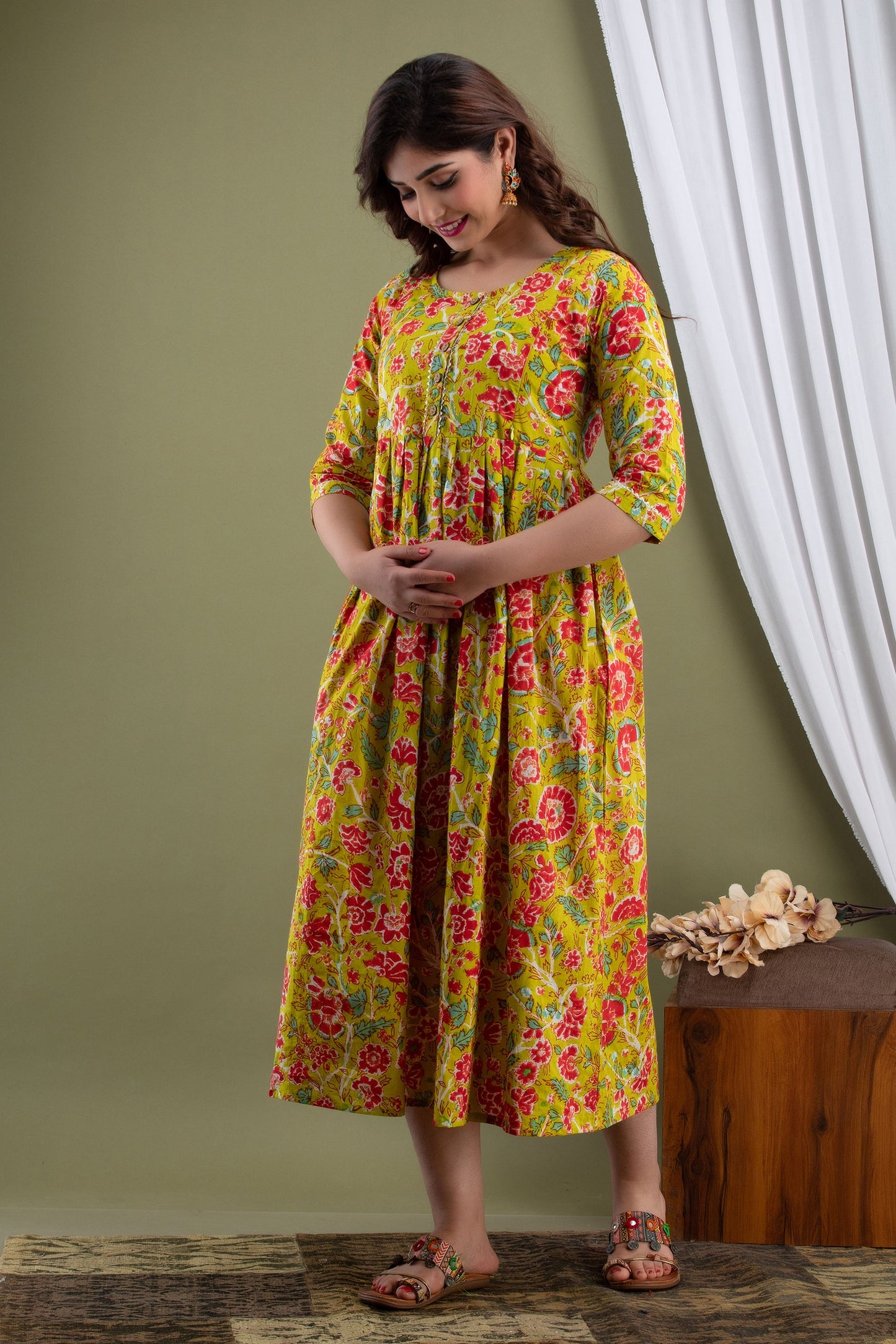 Hima Premium Cotton Anarkali Feeding & Maternity Kurti – 48 Inch Length, 2 Side Zips All-Day Comfort for Moms (Yellow)