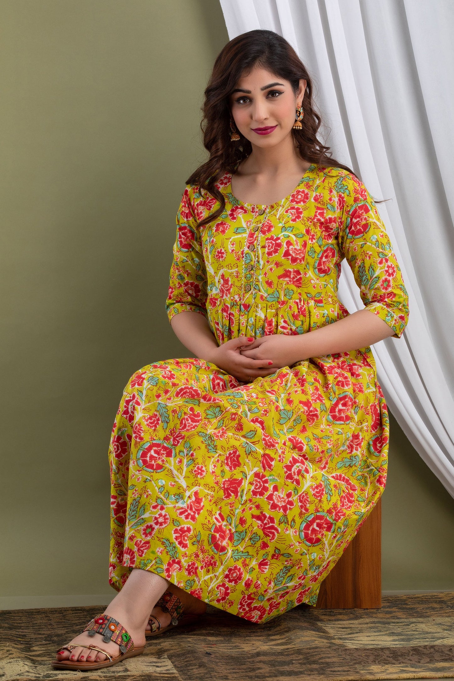 Hima Premium Cotton Anarkali Feeding & Maternity Kurti – 48 Inch Length, 2 Side Zips All-Day Comfort for Moms (Yellow)