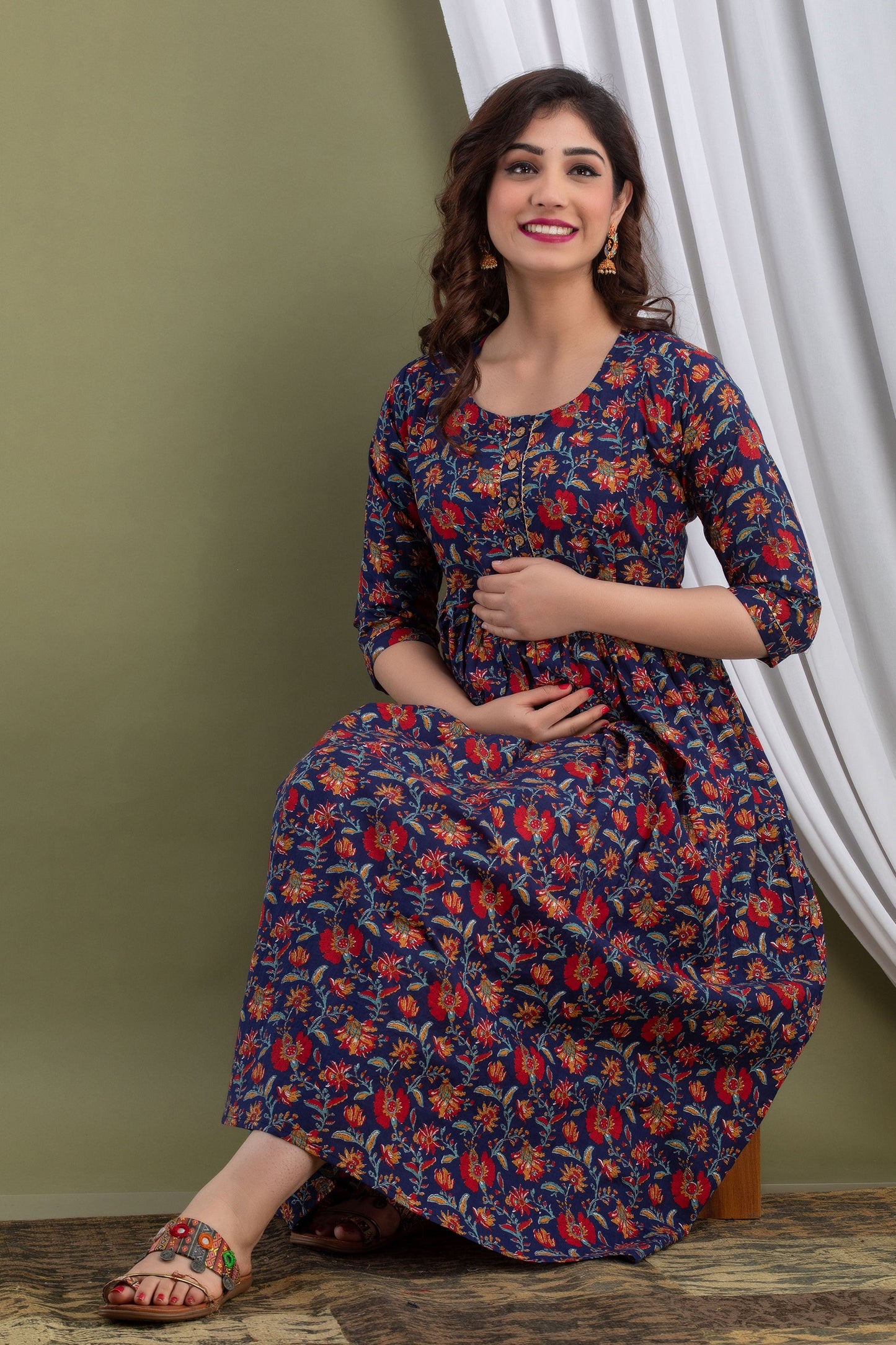 Hima Premium Cotton Anarkali Feeding & Maternity Kurti – 48 Inch Length, 2 Side Zips All-Day Comfort for Moms (Blue)