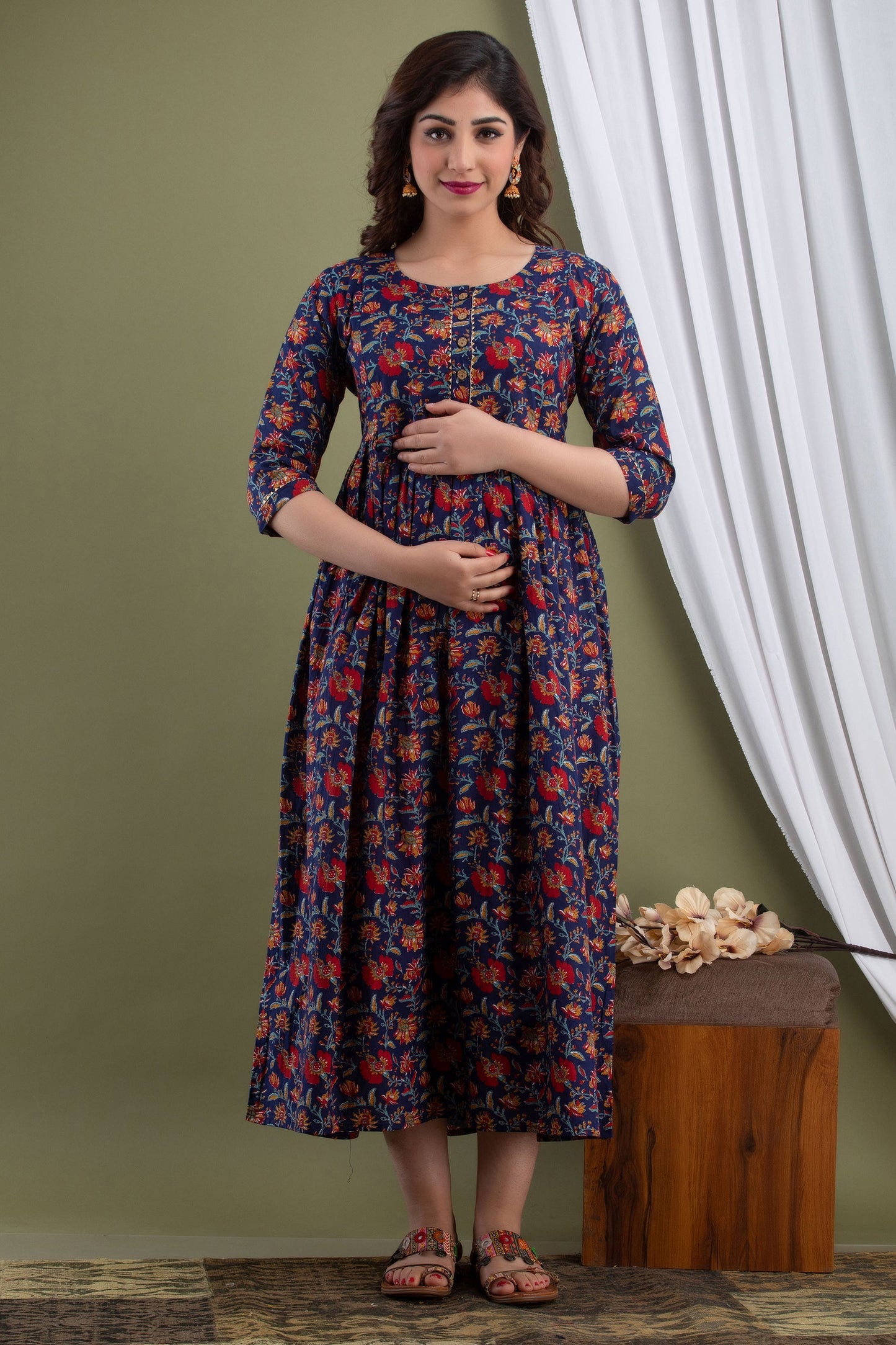 Hima Premium Cotton Anarkali Feeding & Maternity Kurti – 48 Inch Length, 2 Side Zips All-Day Comfort for Moms (Blue)