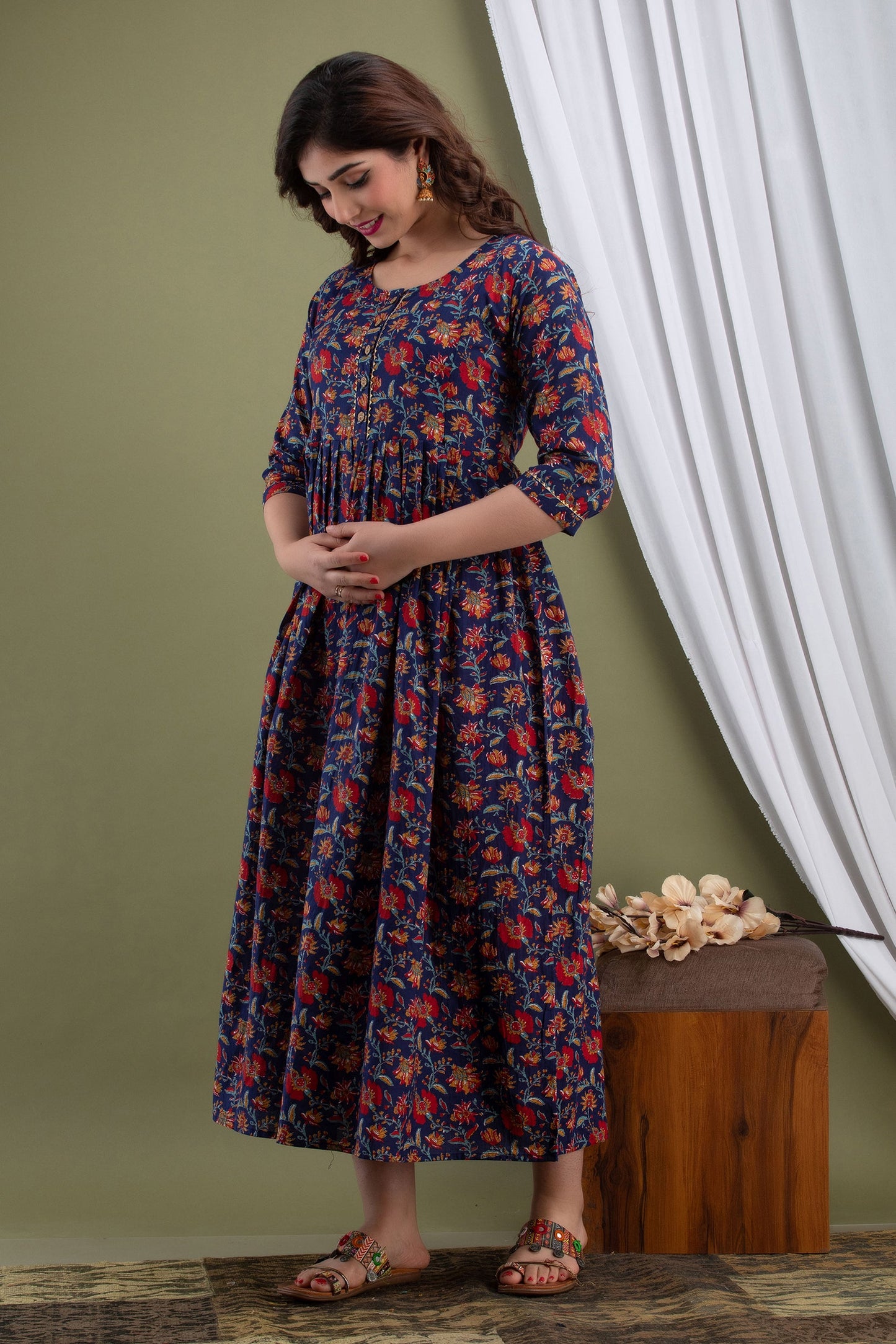 Hima Premium Cotton Anarkali Feeding & Maternity Kurti – 48 Inch Length, 2 Side Zips All-Day Comfort for Moms (Blue)