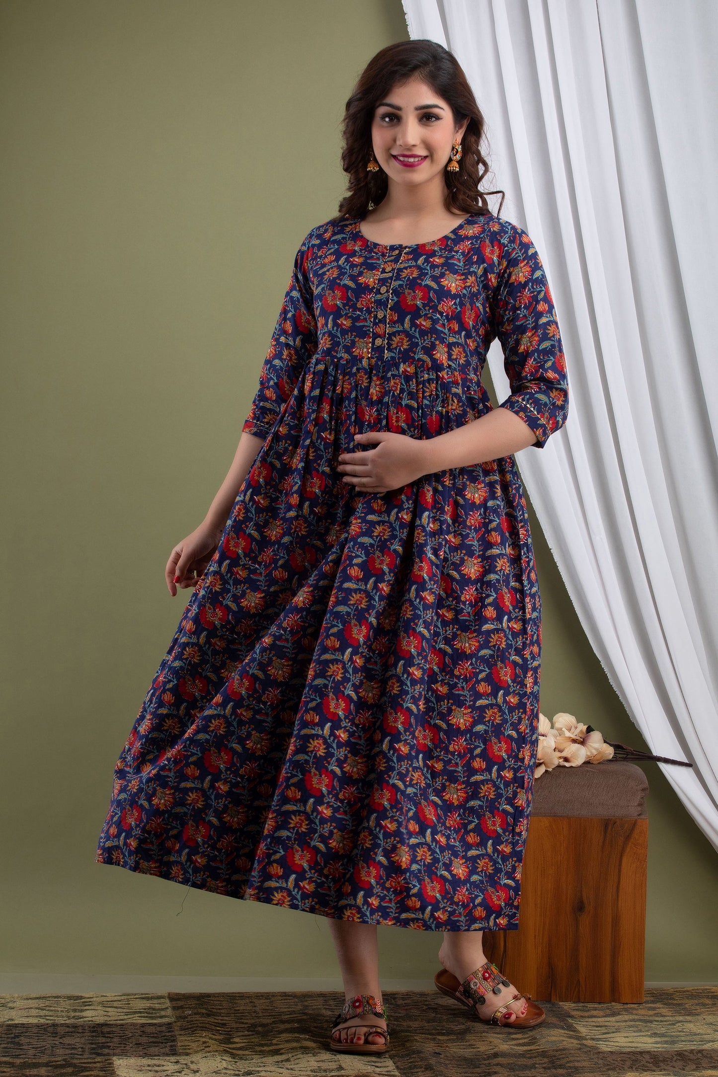 Hima Premium Cotton Anarkali Feeding & Maternity Kurti – 48 Inch Length, 2 Side Zips All-Day Comfort for Moms (Blue)