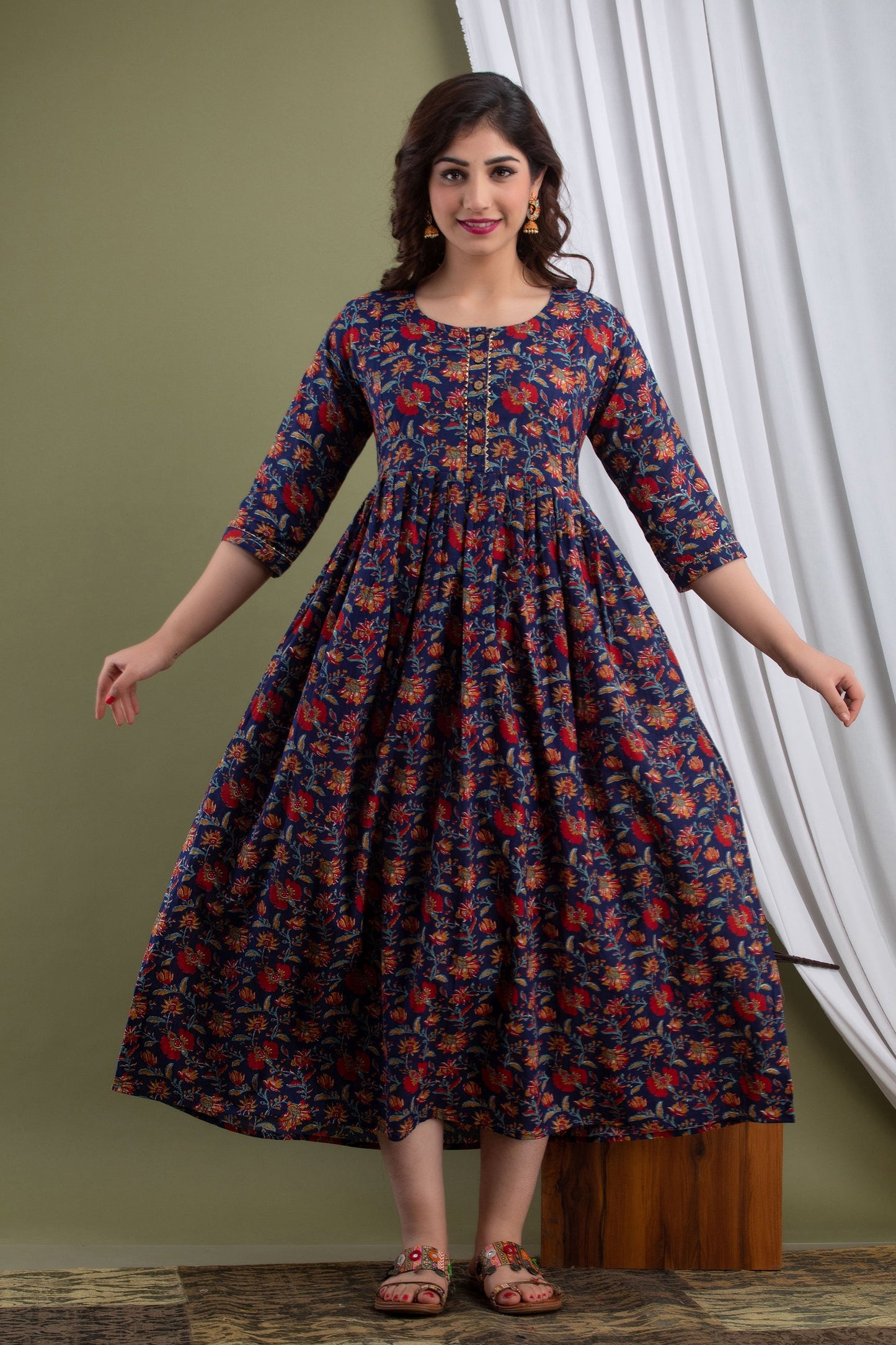 Hima Premium Cotton Anarkali Feeding & Maternity Kurti – 48 Inch Length, 2 Side Zips All-Day Comfort for Moms (Blue)