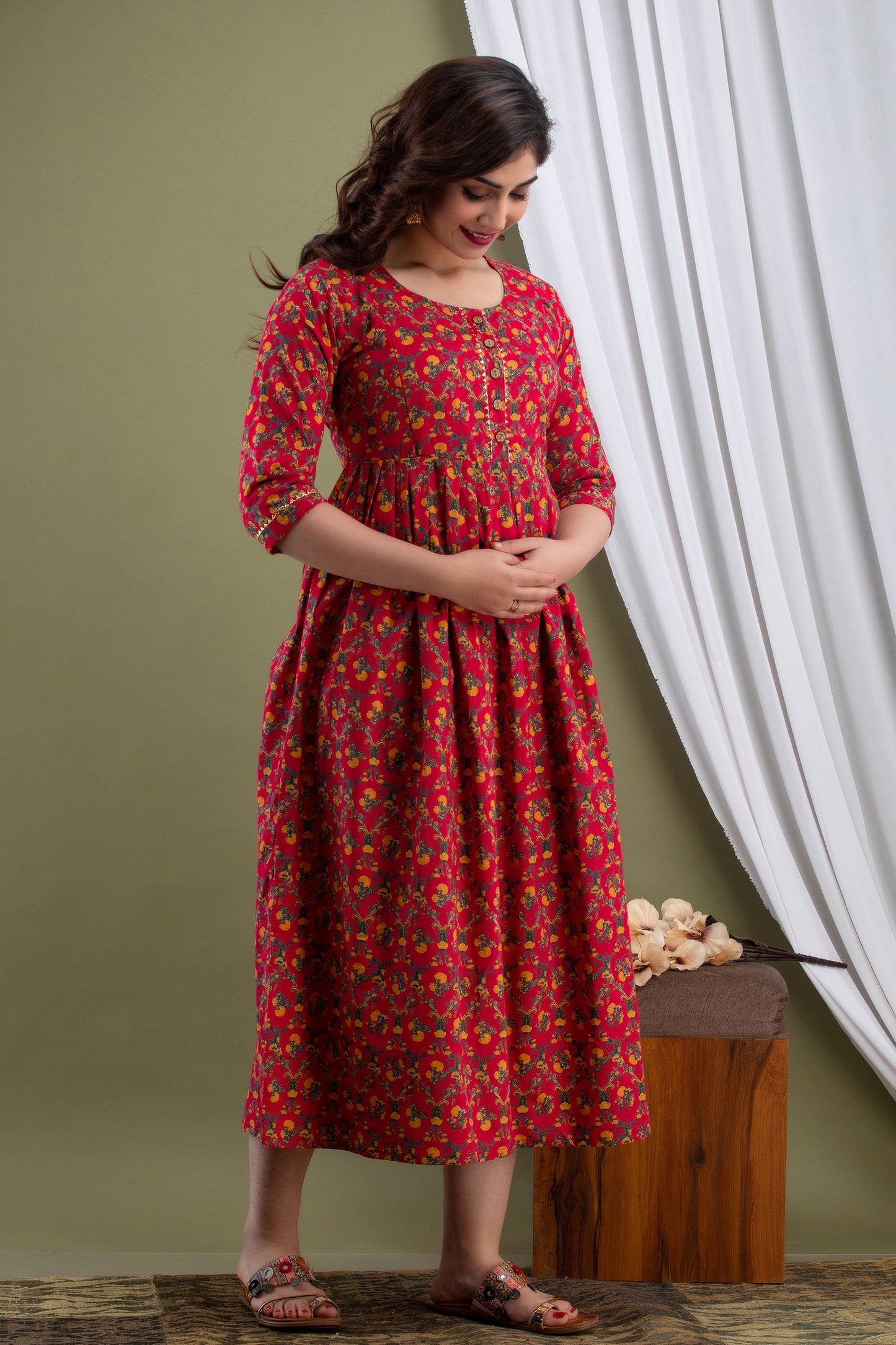 Hima Premium Cotton Anarkali Feeding & Maternity Kurti – 48 Inch Length, 2 Side Zips All-Day Comfort for Moms (Red))
