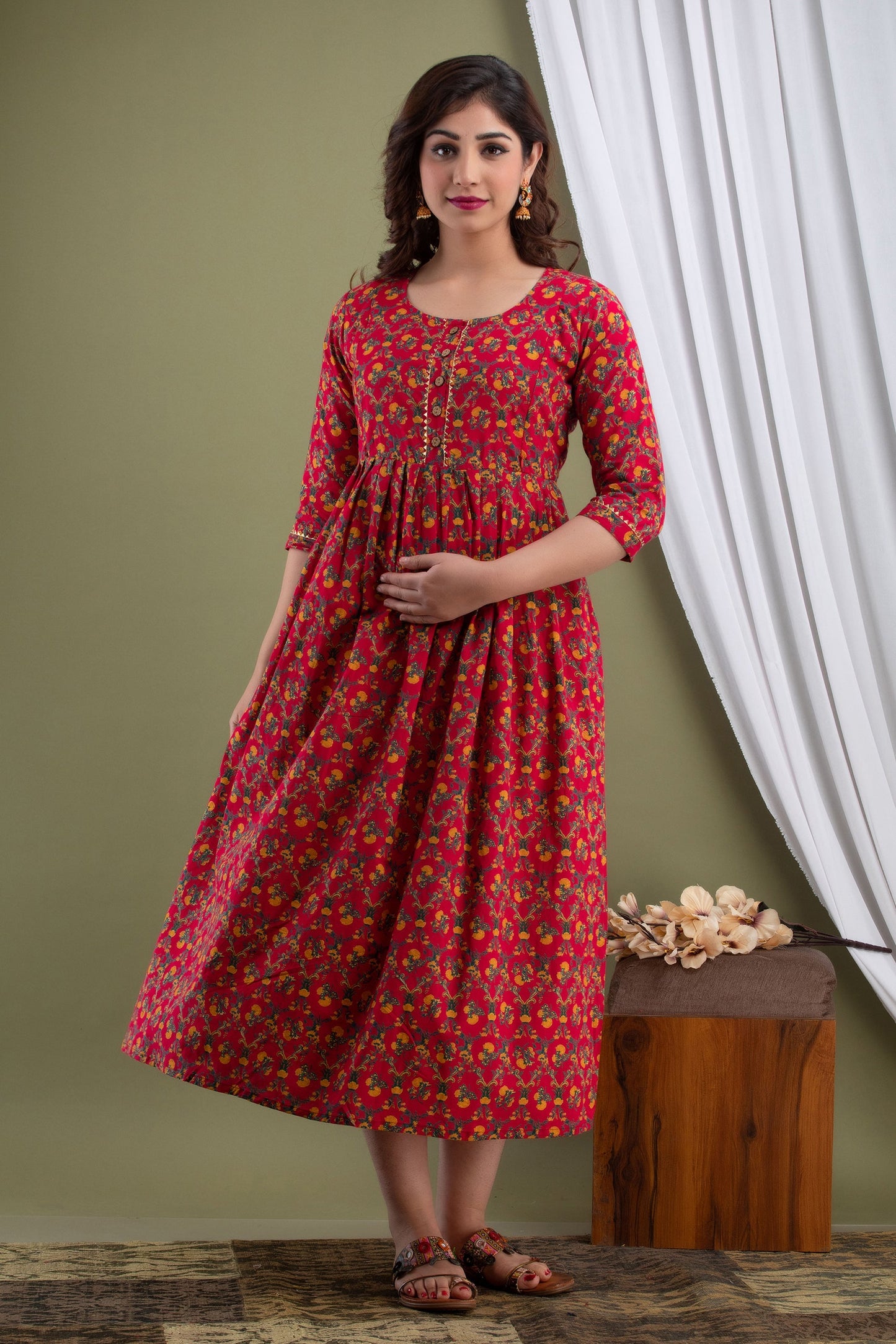 Hima Premium Cotton Anarkali Feeding & Maternity Kurti – 48 Inch Length, 2 Side Zips All-Day Comfort for Moms (Red))