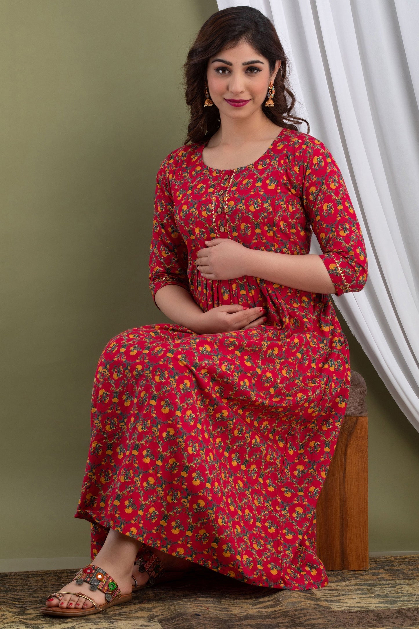 Hima Premium Cotton Anarkali Feeding & Maternity Kurti – 48 Inch Length, 2 Side Zips All-Day Comfort for Moms (Red))
