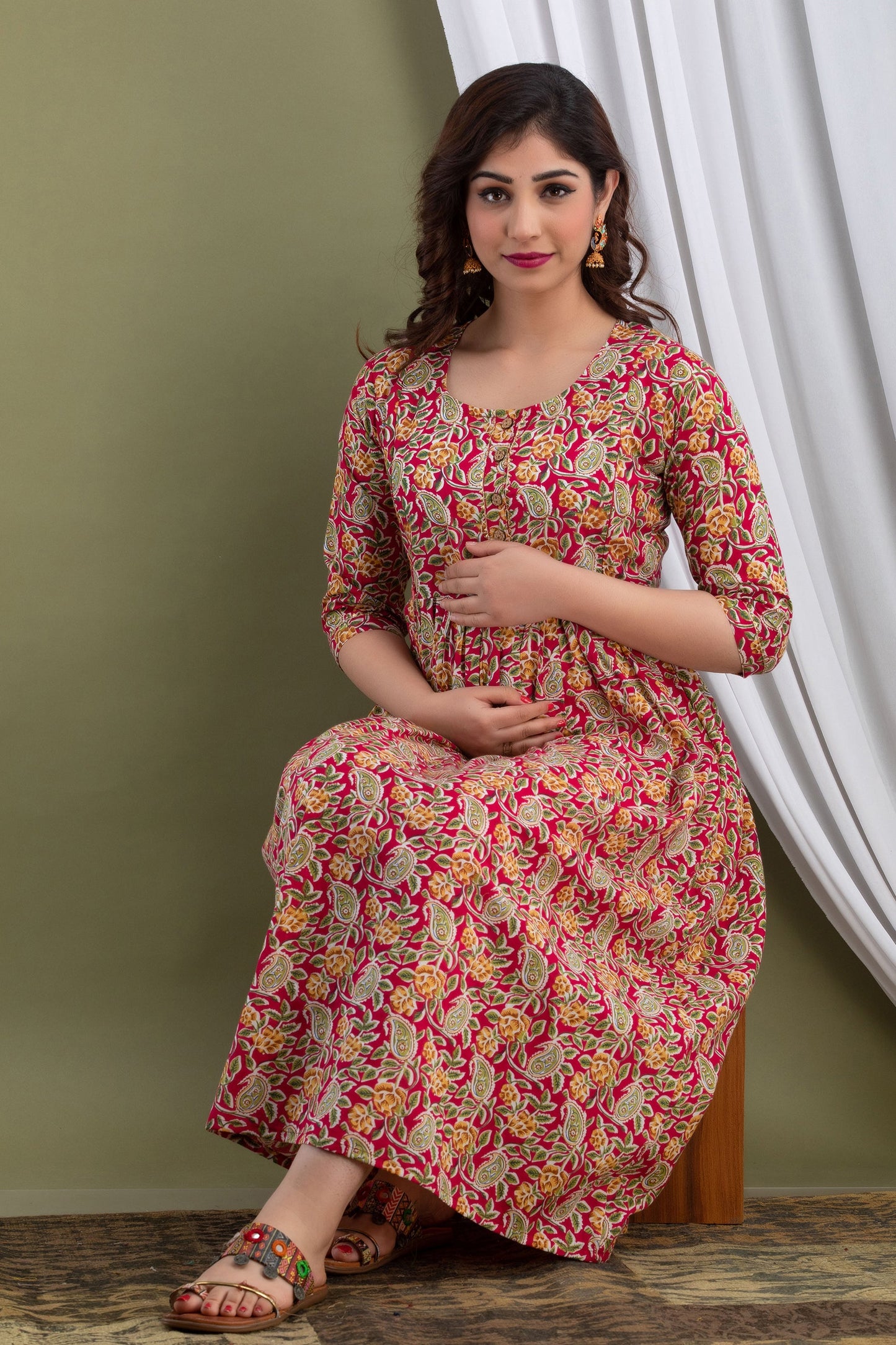 Hima Premium Cotton Anarkali Feeding & Maternity Kurti – 48 Inch Length, 2 Side Zips All-Day Comfort for Moms (Red)