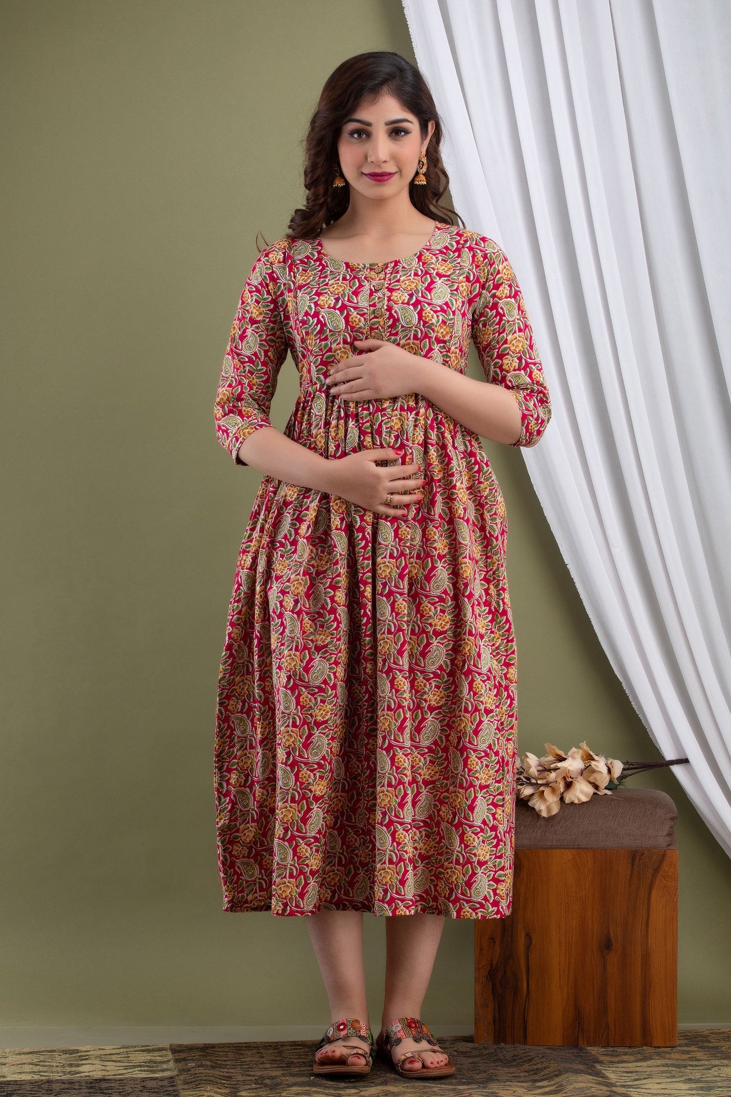 Hima Premium Cotton Anarkali Feeding & Maternity Kurti – 48 Inch Length, 2 Side Zips All-Day Comfort for Moms (Red)