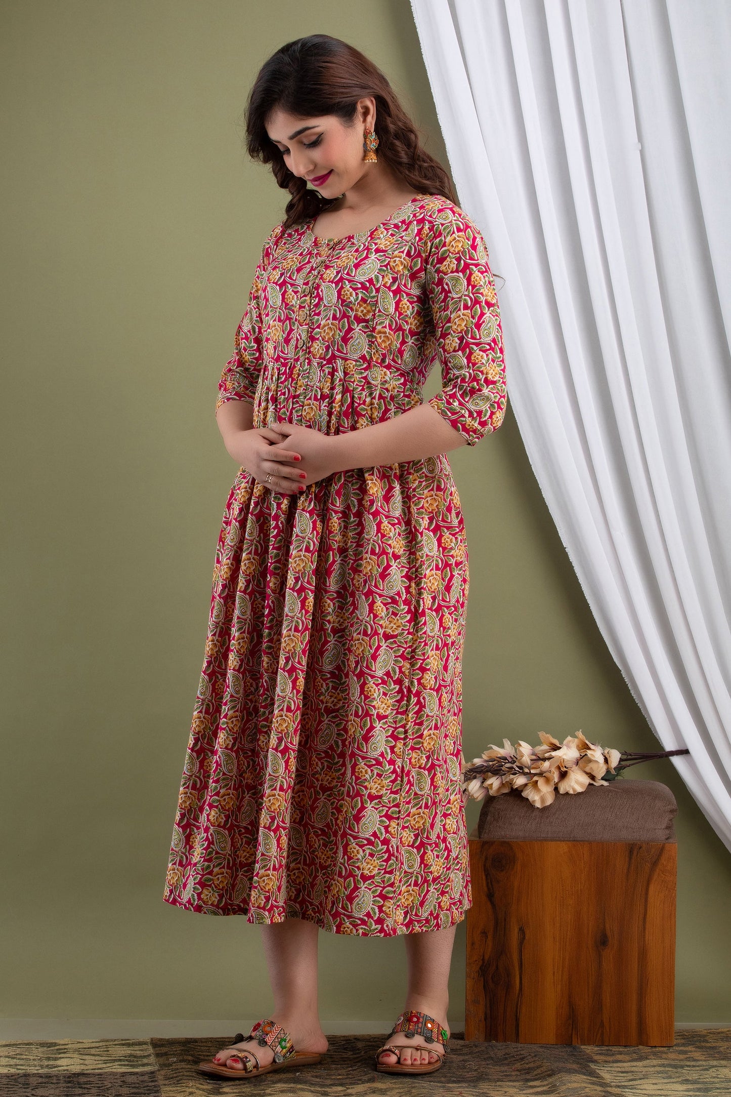 Hima Premium Cotton Anarkali Feeding & Maternity Kurti – 48 Inch Length, 2 Side Zips All-Day Comfort for Moms (Red)