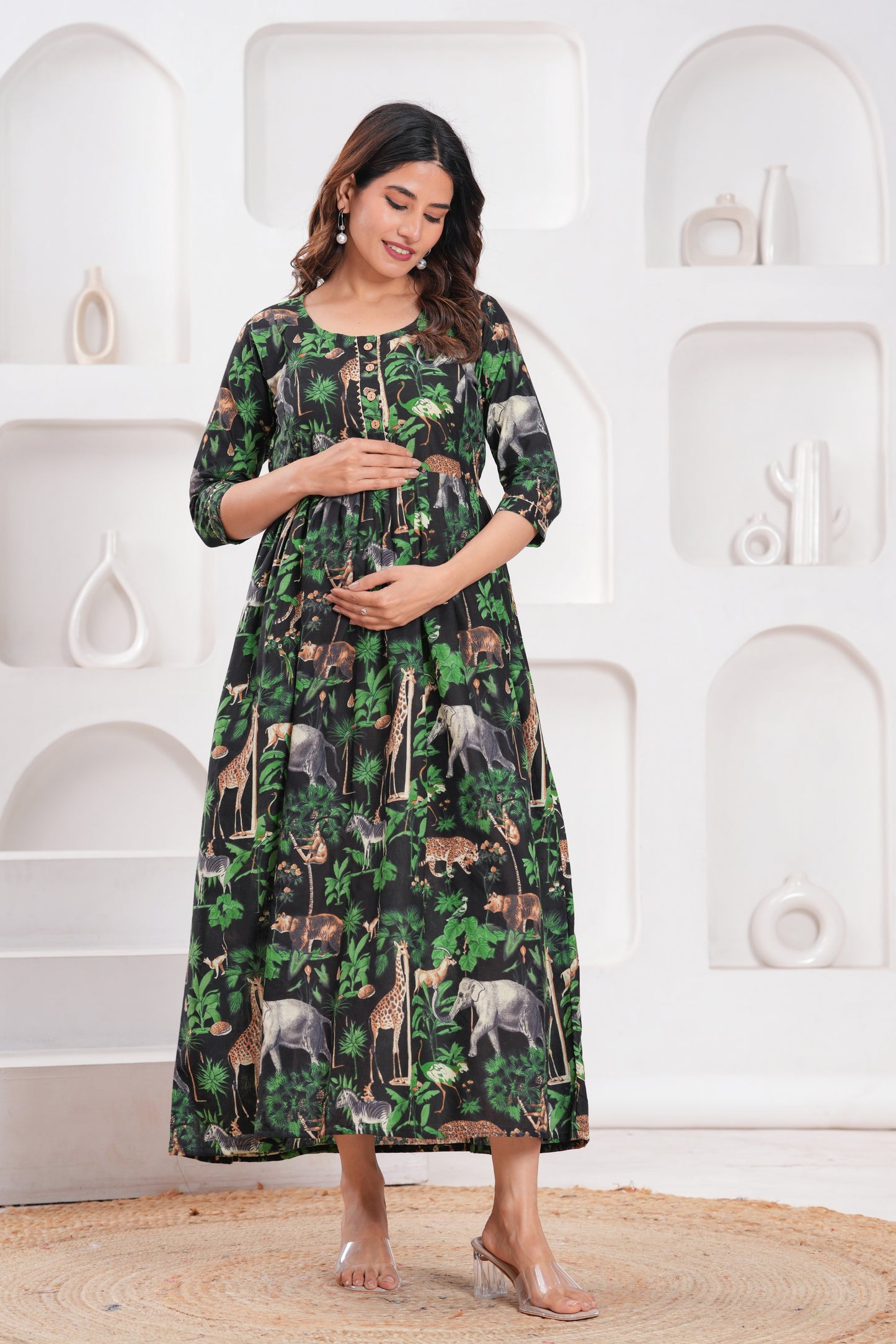Hima Premium Cotton Anarkali Feeding & Maternity Kurti – 48 Inch Length, 2 Side Zips All-Day Comfort for Moms (green&black)