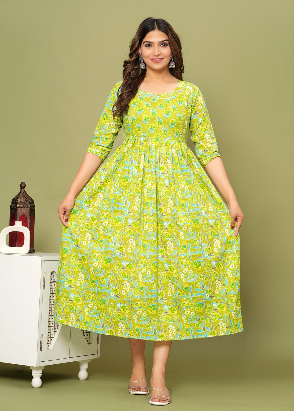 Hima Premium Cotton Anarkali Feeding & Maternity Kurti β 48 Inch Length, 2 Side Zips All-Day Comfort for Moms (Green)