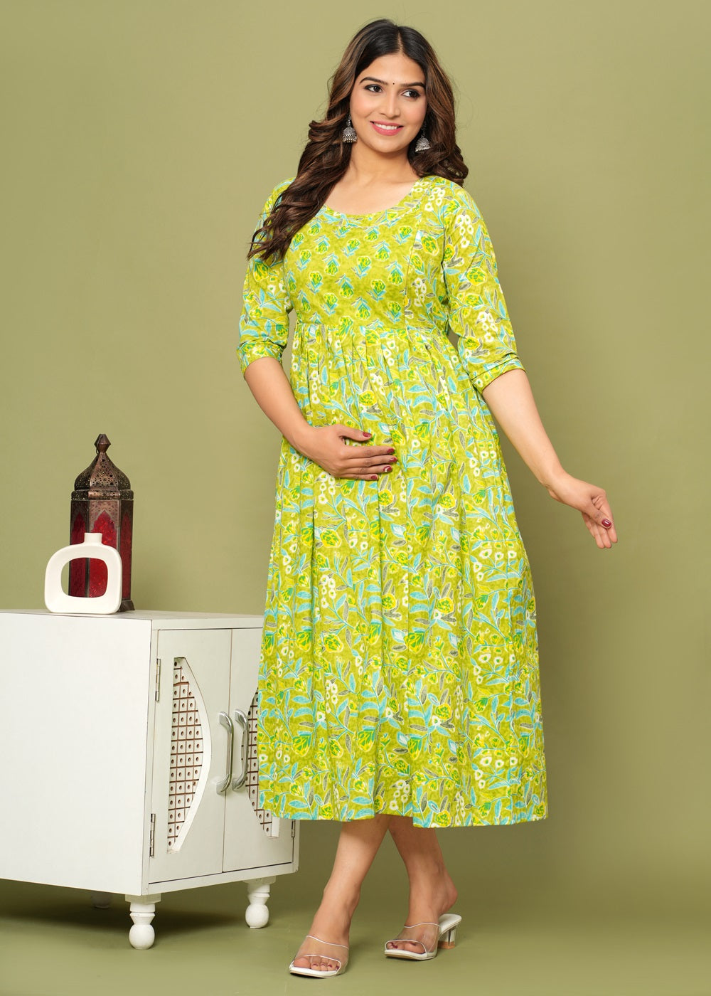 Hima Premium Cotton Anarkali Feeding & Maternity Kurti β 48 Inch Length, 2 Side Zips All-Day Comfort for Moms (Green)