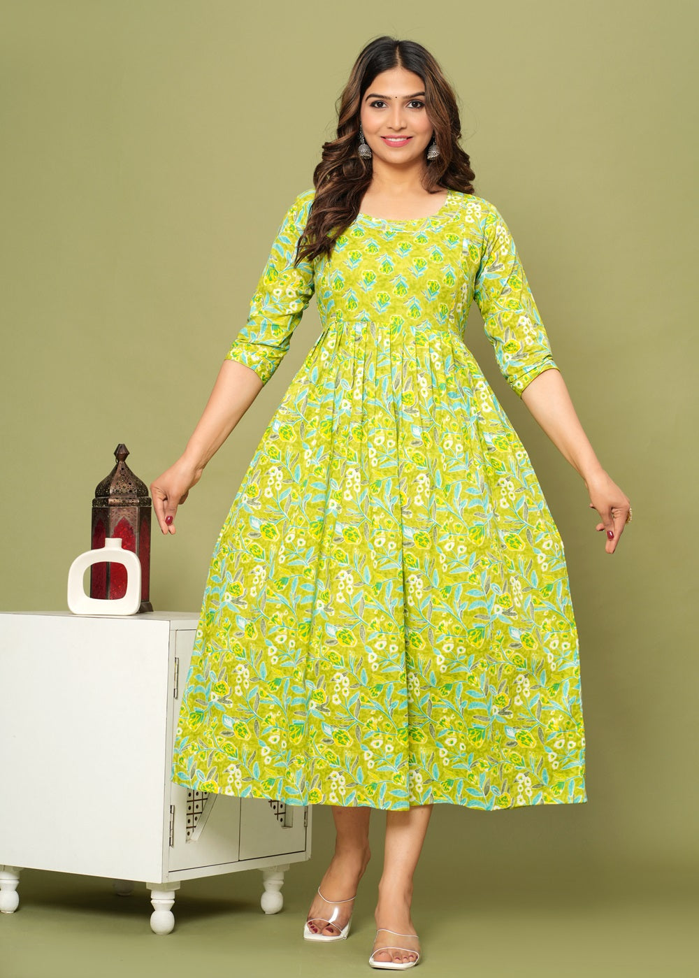 Hima Premium Cotton Anarkali Feeding & Maternity Kurti β 48 Inch Length, 2 Side Zips All-Day Comfort for Moms (Green)