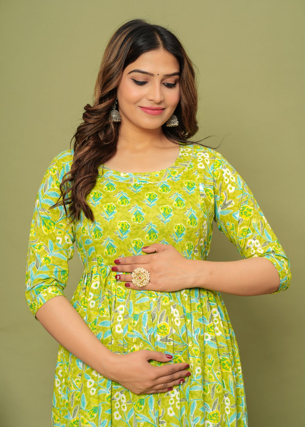 Hima Premium Cotton Anarkali Feeding & Maternity Kurti β 48 Inch Length, 2 Side Zips All-Day Comfort for Moms (Green)