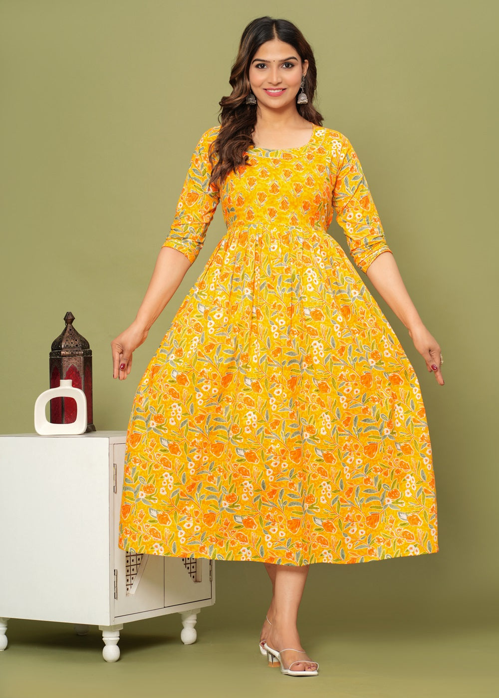Hima Premium Cotton Anarkali Feeding & Maternity Kurti β 48 Inch Length, 2 Side Zips All-Day Comfort for Moms (Yellow)