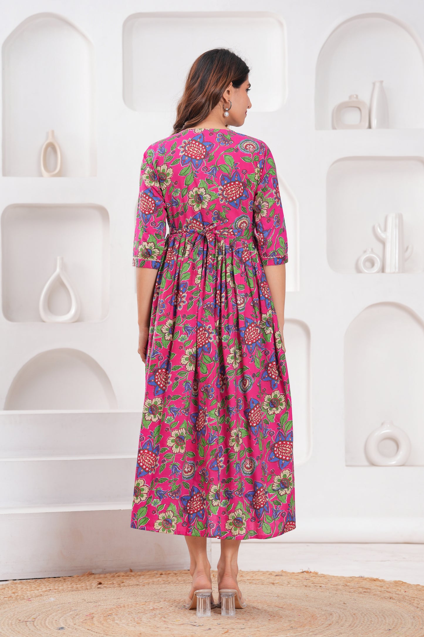 Hima Premium Cotton Anarkali Feeding & Maternity Kurti – 48 Inch Length, 2 Side Zips All-Day Comfort for Moms (Pink Flower)