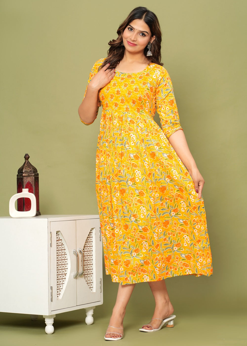 Hima Premium Cotton Anarkali Feeding & Maternity Kurti β 48 Inch Length, 2 Side Zips All-Day Comfort for Moms (Yellow)