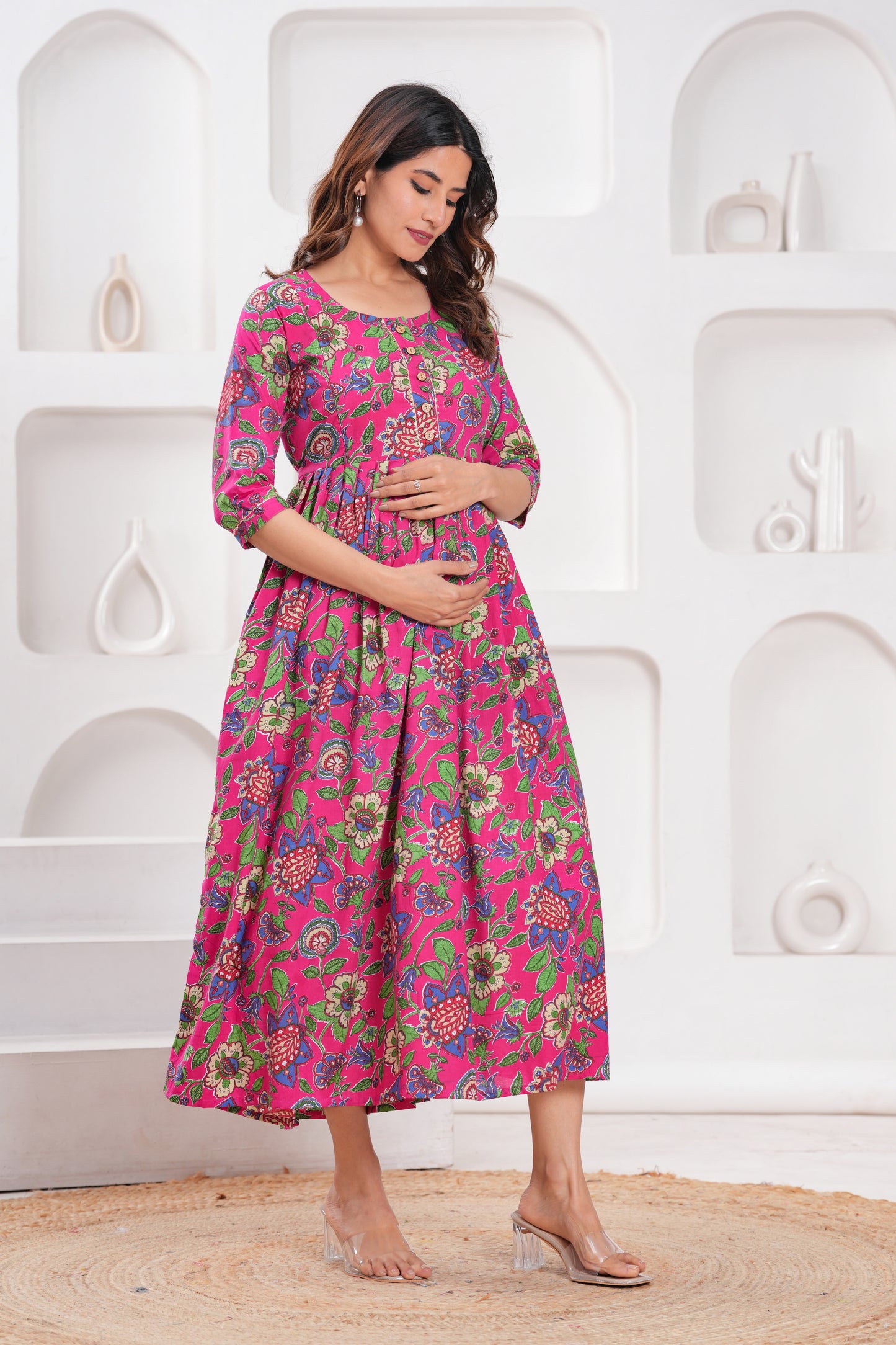 Hima Premium Cotton Anarkali Feeding & Maternity Kurti – 48 Inch Length, 2 Side Zips All-Day Comfort for Moms (Pink Flower)