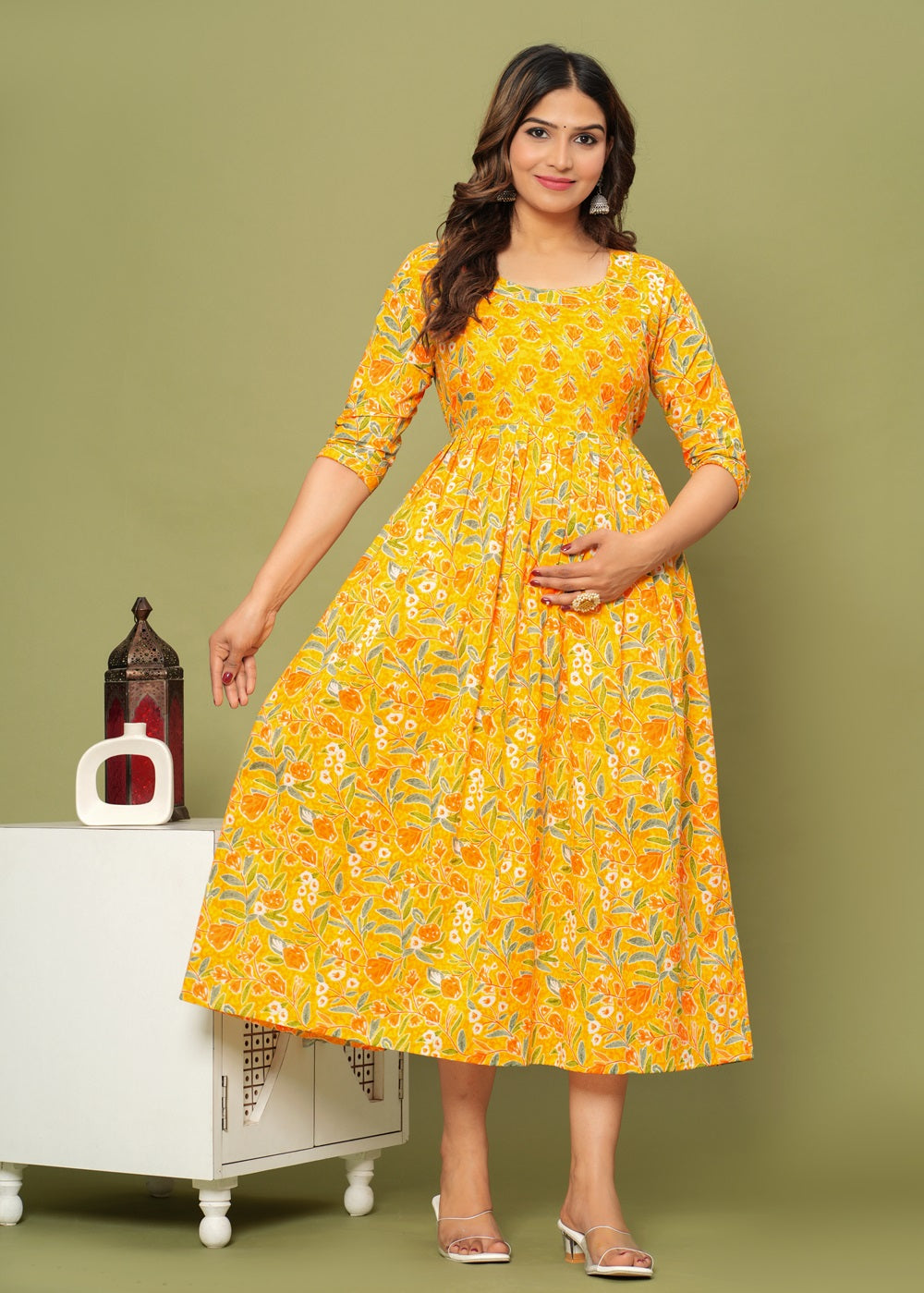 Hima Premium Cotton Anarkali Feeding & Maternity Kurti β 48 Inch Length, 2 Side Zips All-Day Comfort for Moms (Yellow)