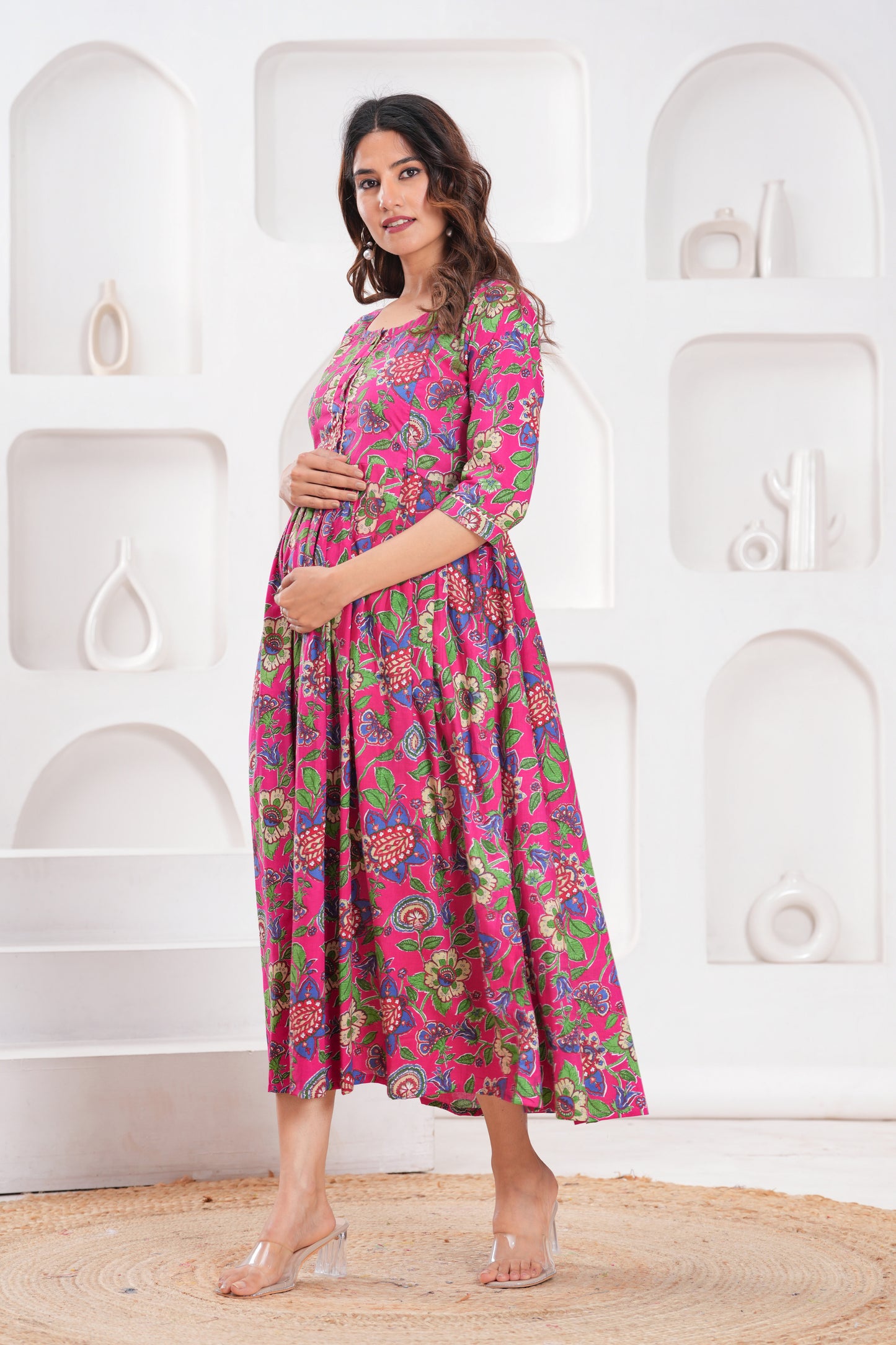 Hima Premium Cotton Anarkali Feeding & Maternity Kurti – 48 Inch Length, 2 Side Zips All-Day Comfort for Moms (Pink Flower)
