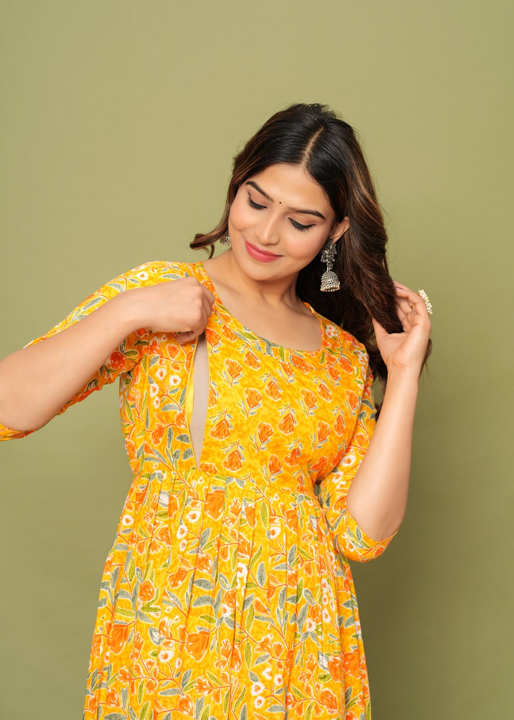 Hima Premium Cotton Anarkali Feeding & Maternity Kurti β 48 Inch Length, 2 Side Zips All-Day Comfort for Moms (Yellow)