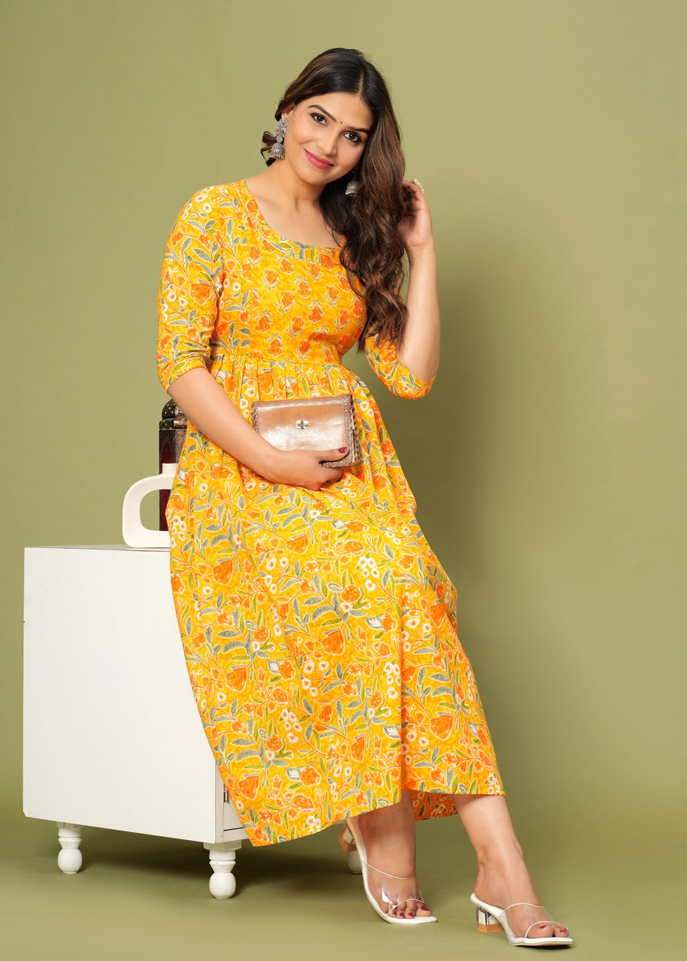 Hima Premium Cotton Anarkali Feeding & Maternity Kurti β 48 Inch Length, 2 Side Zips All-Day Comfort for Moms (Yellow)