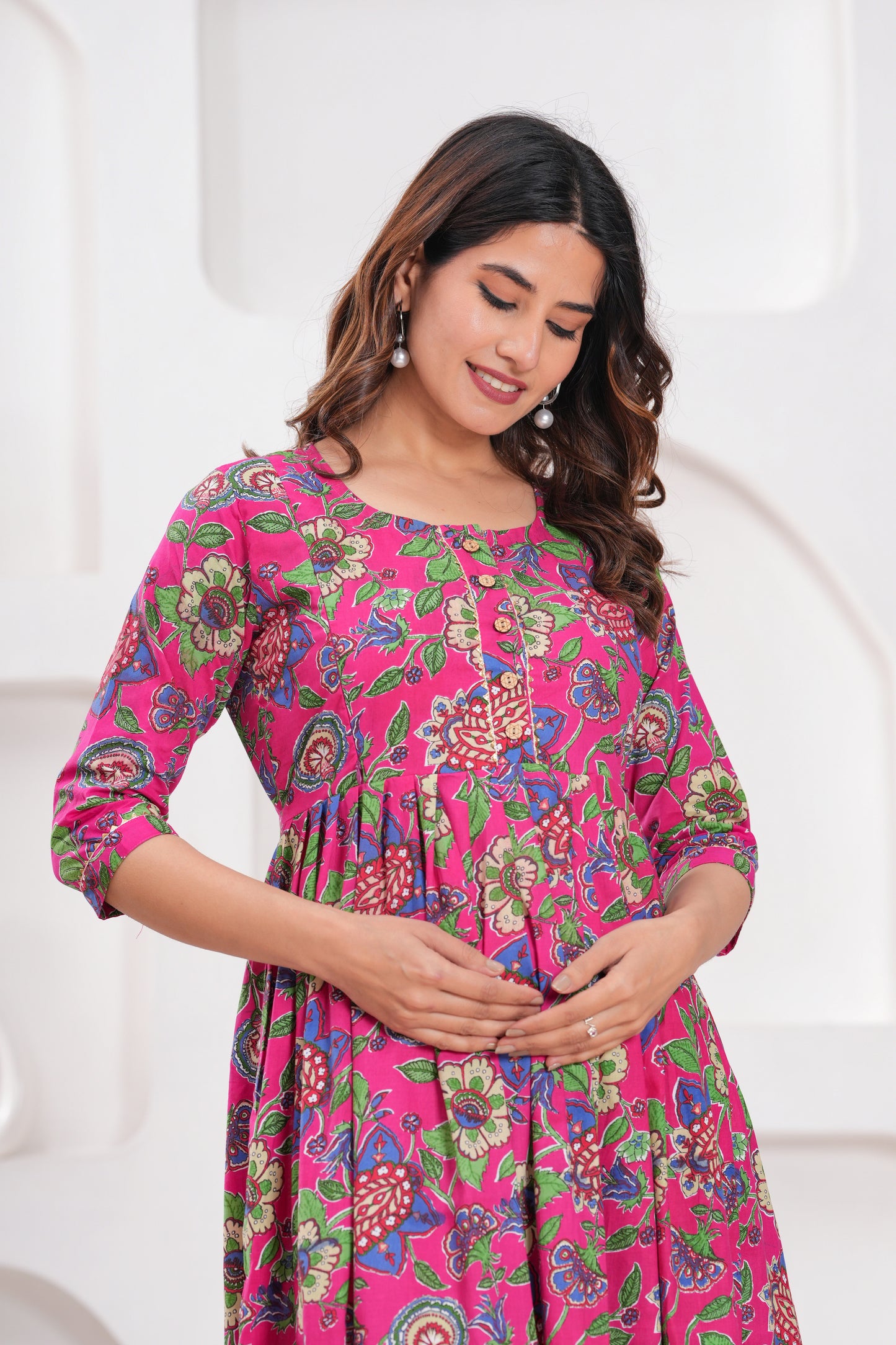 Hima Premium Cotton Anarkali Feeding & Maternity Kurti – 48 Inch Length, 2 Side Zips All-Day Comfort for Moms (Pink Flower)