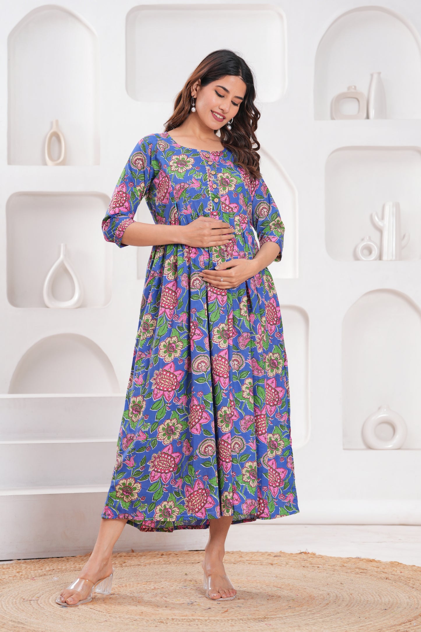 Hima Premium Cotton Anarkali Feeding & Maternity Kurti – 48 Inch Length, 2 Side Zips All-Day Comfort for Moms (Purple Flower)