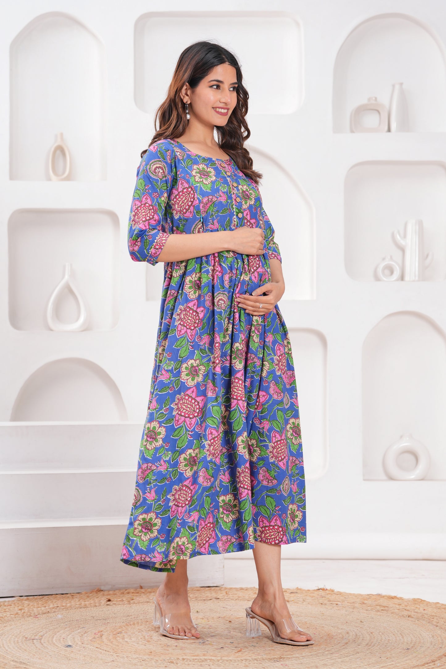 Hima Premium Cotton Anarkali Feeding & Maternity Kurti – 48 Inch Length, 2 Side Zips All-Day Comfort for Moms (Purple Flower)