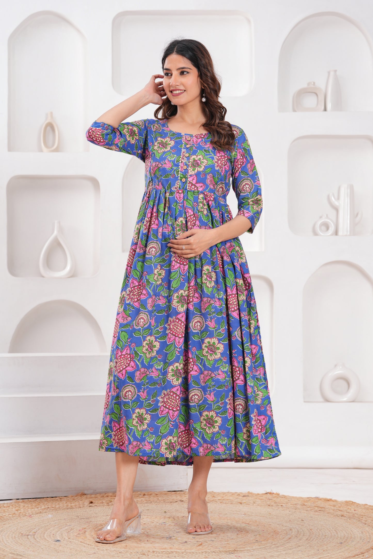 Hima Premium Cotton Anarkali Feeding & Maternity Kurti – 48 Inch Length, 2 Side Zips All-Day Comfort for Moms (Purple Flower)