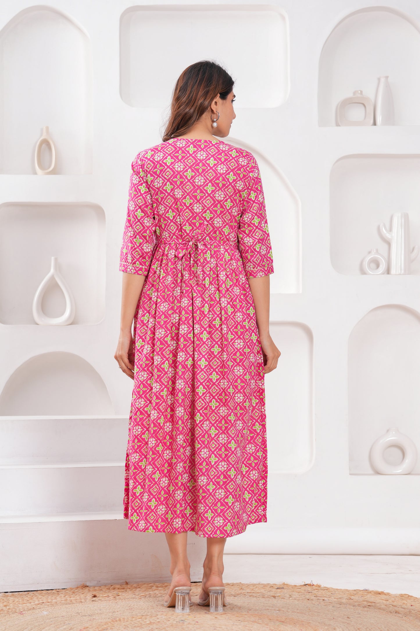 Hima Premium Cotton Anarkali Feeding & Maternity Kurti – 48 Inch Length, 2 Side Zips All-Day Comfort for Moms (Pink art)