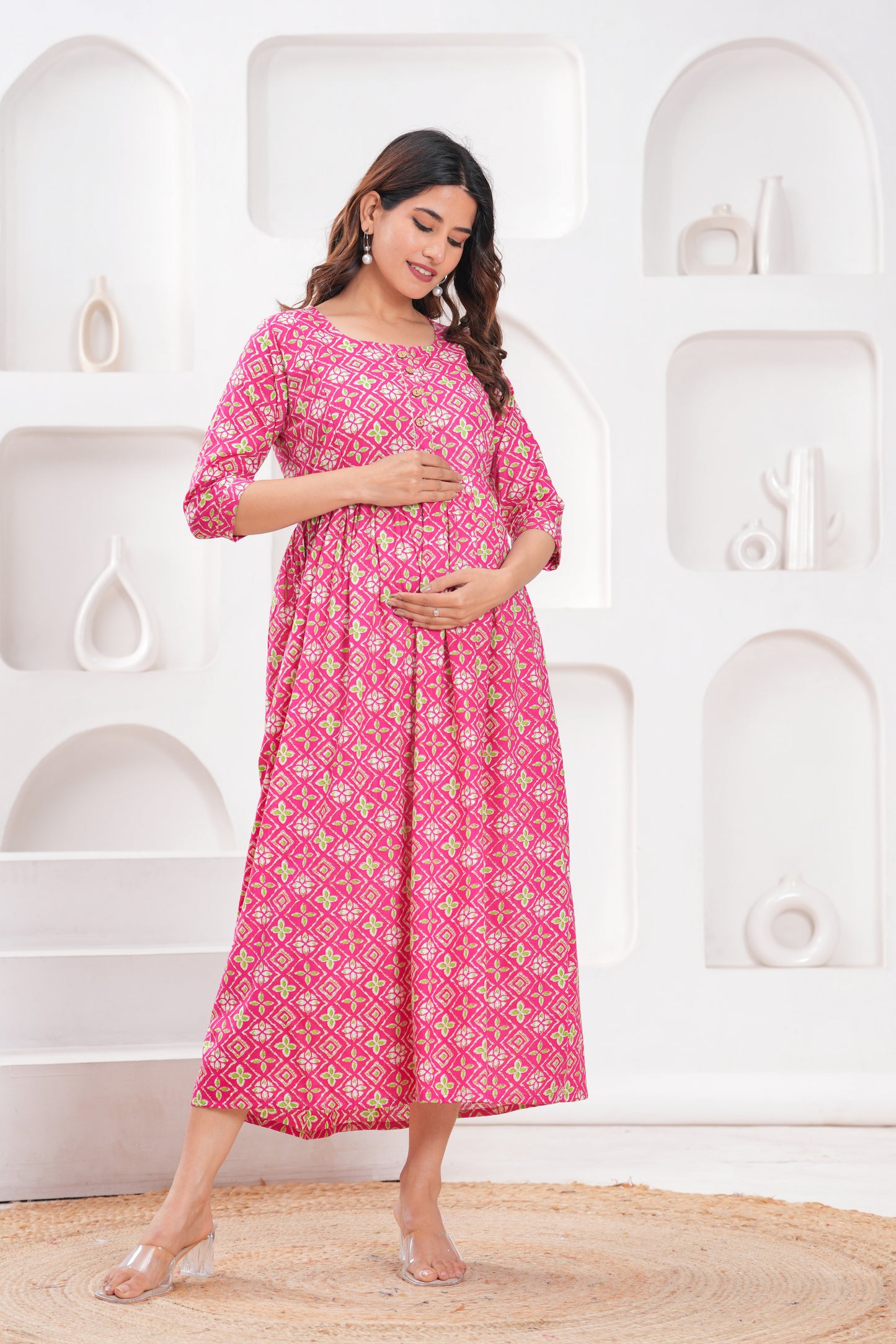 Hima Premium Cotton Anarkali Feeding & Maternity Kurti – 48 Inch Length, 2 Side Zips All-Day Comfort for Moms (Pink art)