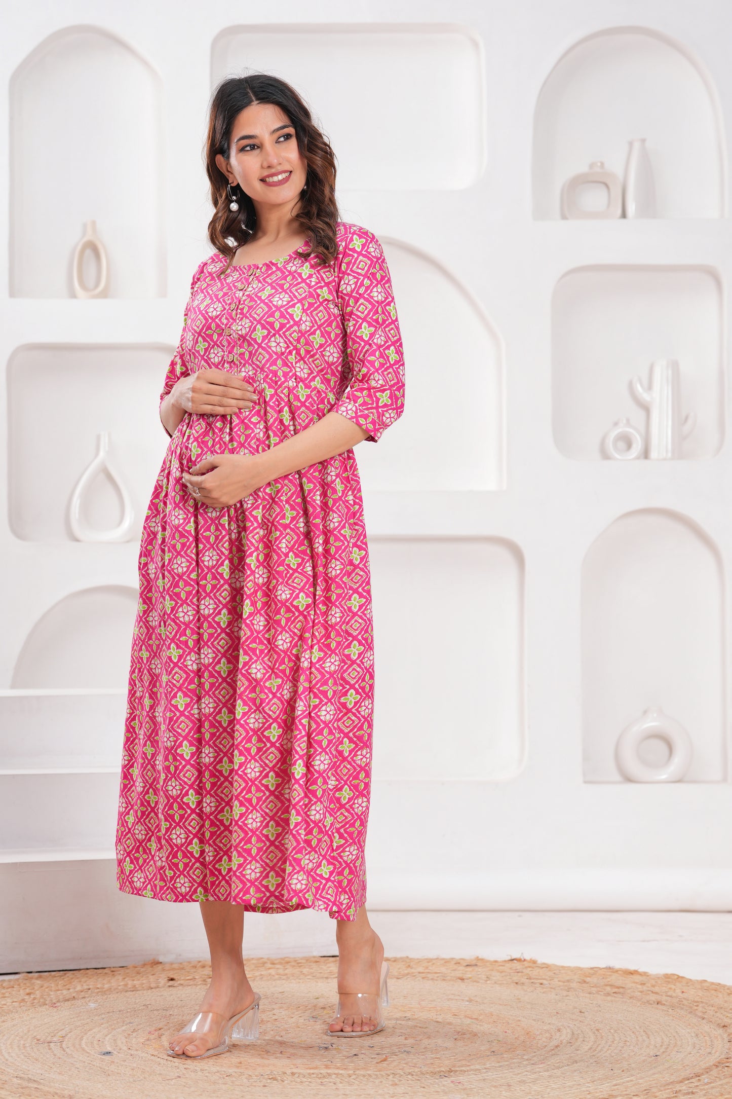 Hima Premium Cotton Anarkali Feeding & Maternity Kurti – 48 Inch Length, 2 Side Zips All-Day Comfort for Moms (Pink art)